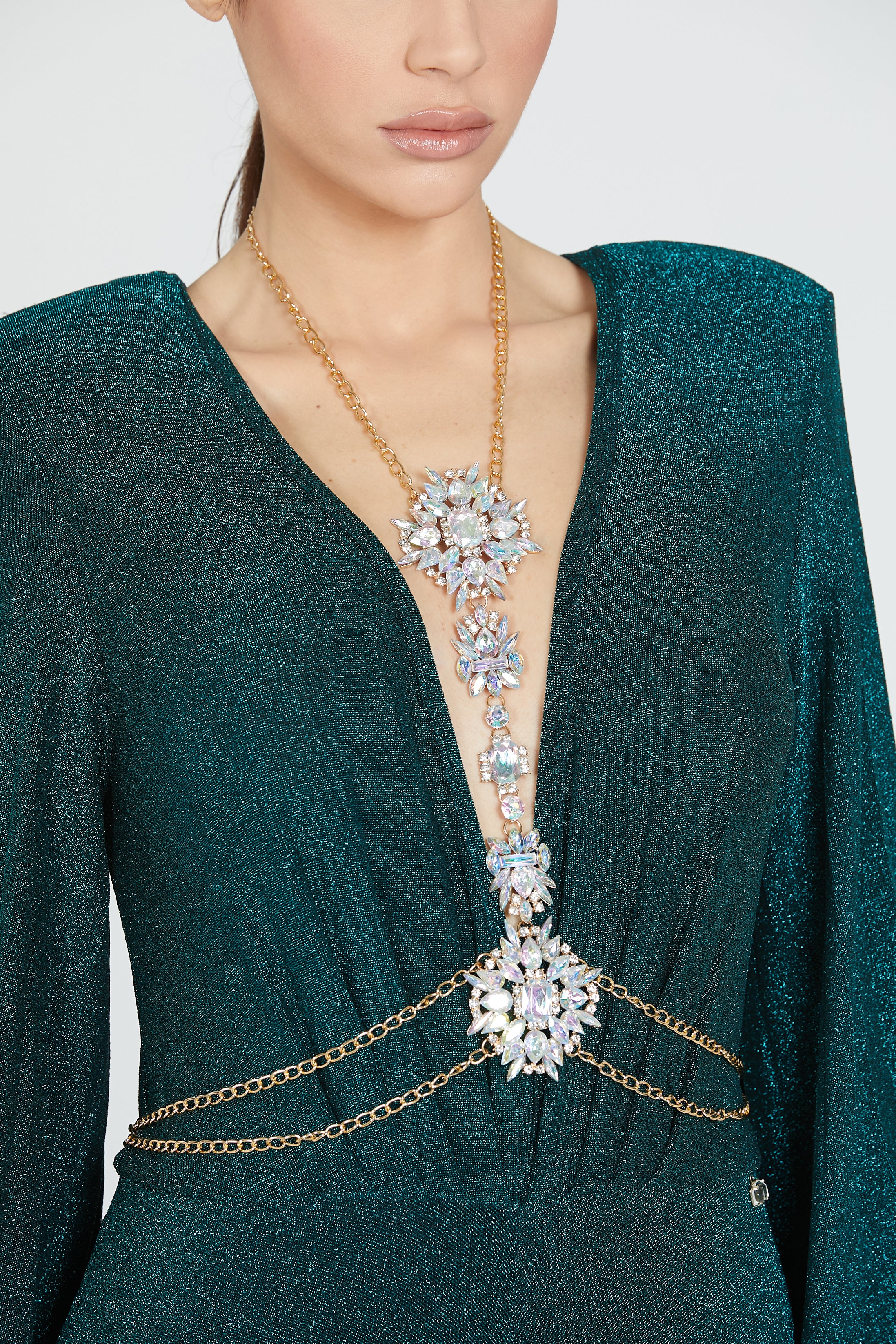 Abito BATURA scollo a v profondo manica lunga con collana pietre più strass lurex - Image 6