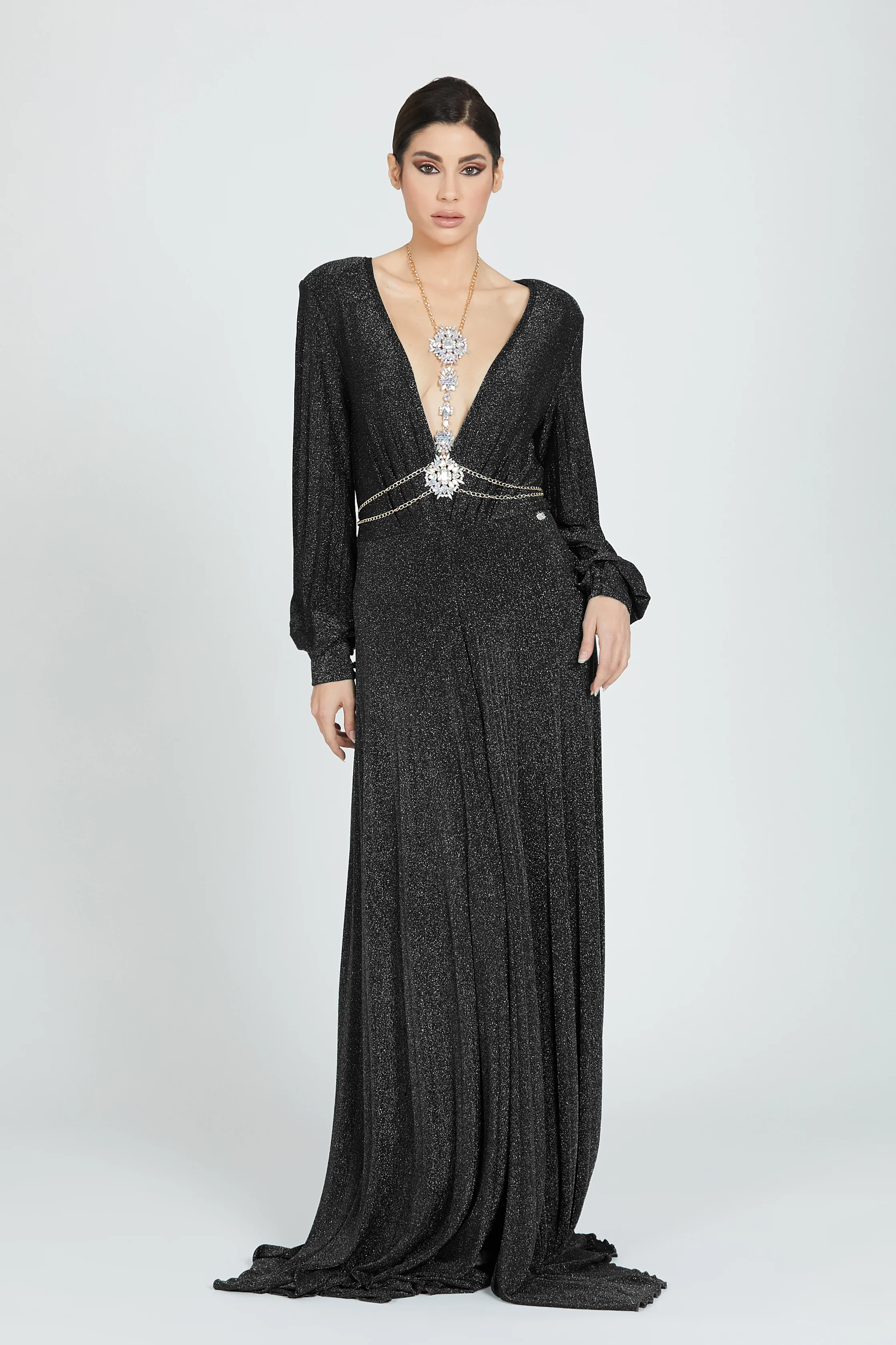 Abito BATURA scollo a v profondo manica lunga con collana pietre più strass lurex - Image 7