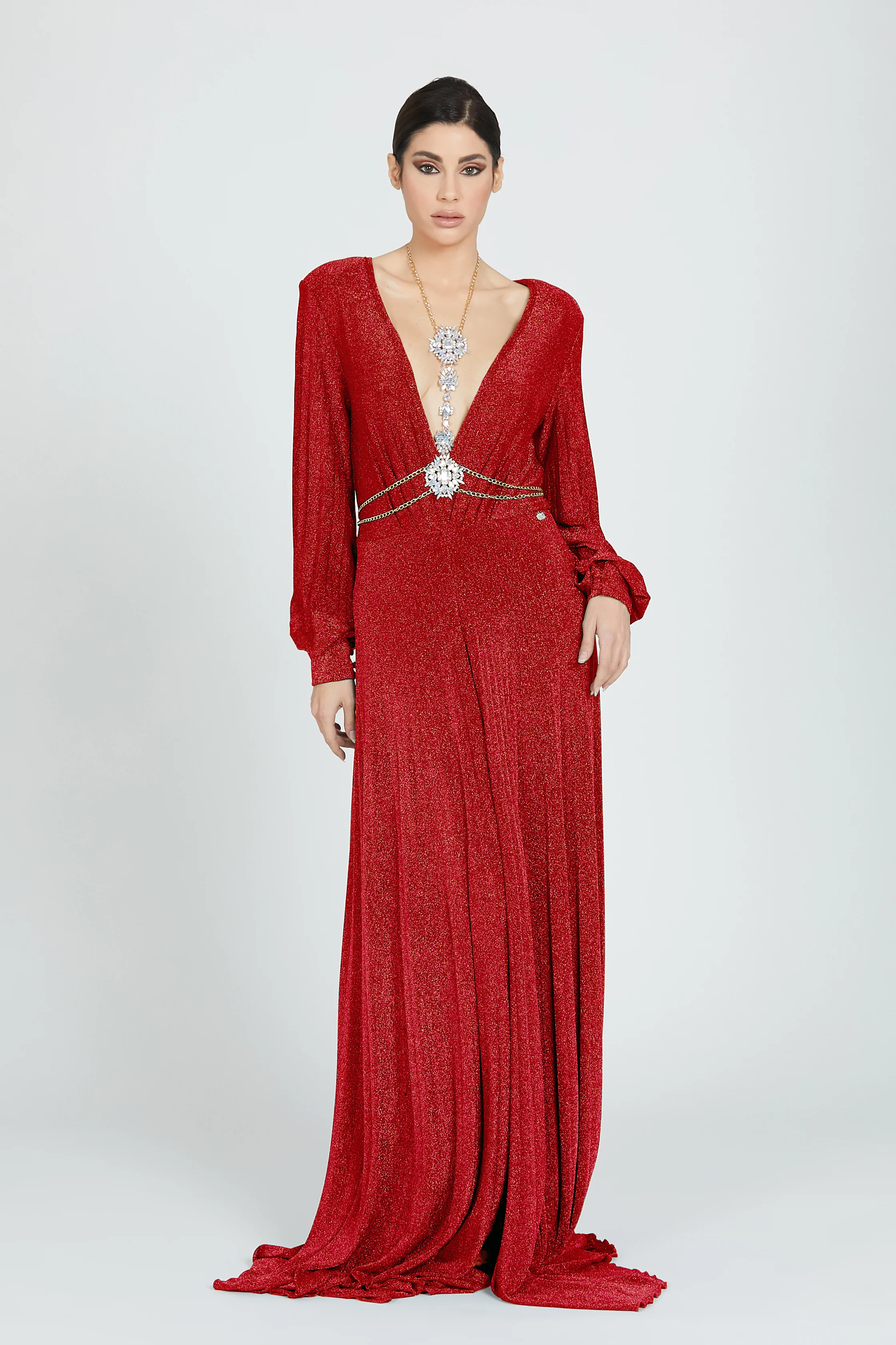 Abito BATURA scollo a v profondo manica lunga con collana pietre più strass lurex - Image 8