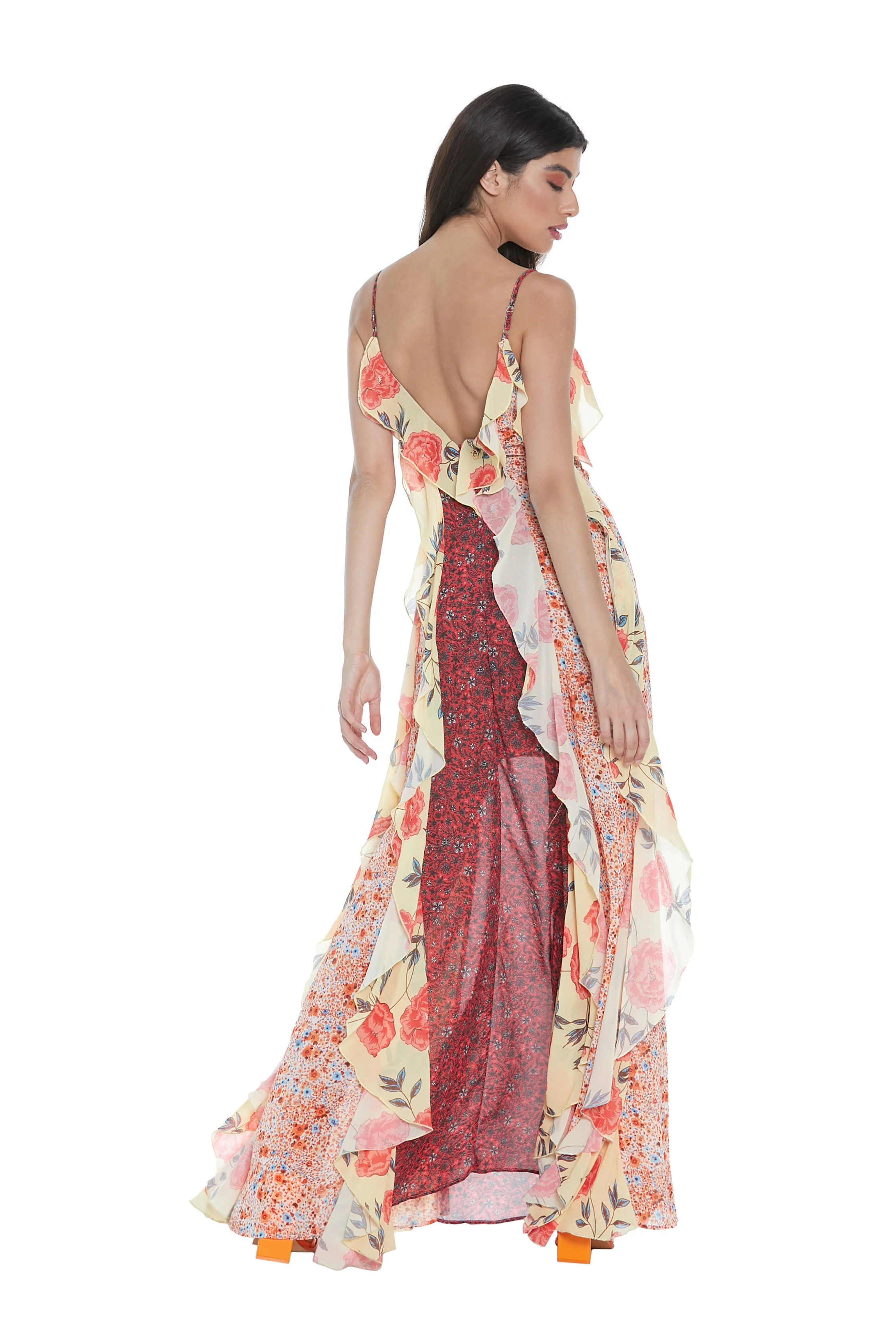 Abito PEACOCK lungo con spalline più rouches stampa fiori multicolor - Image 4