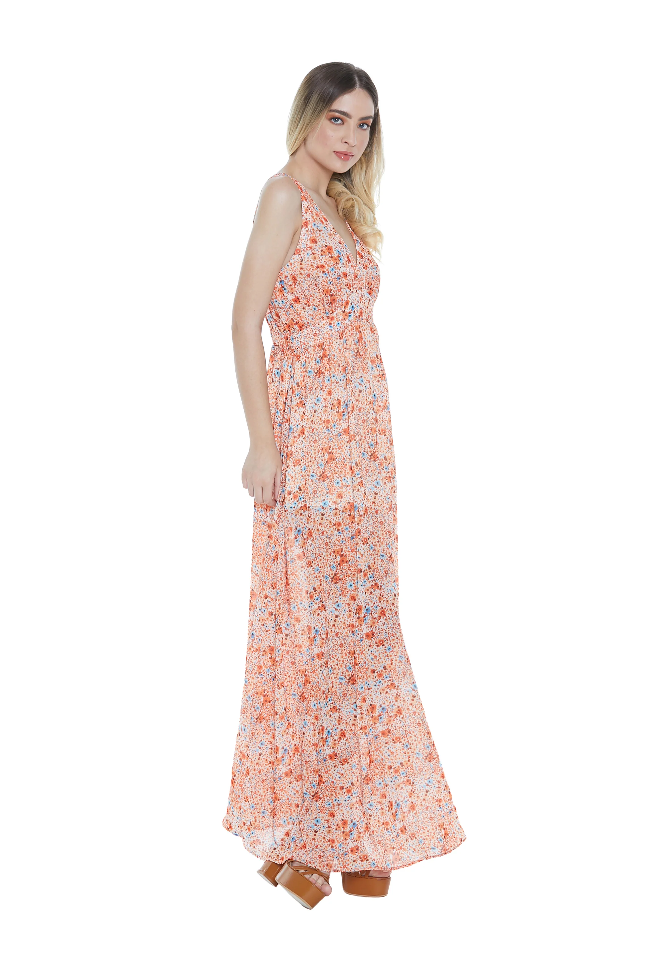 Abito RUMIKO lungo con spalline doppio scollo v con arric.schiena fant.fiori - Image 3