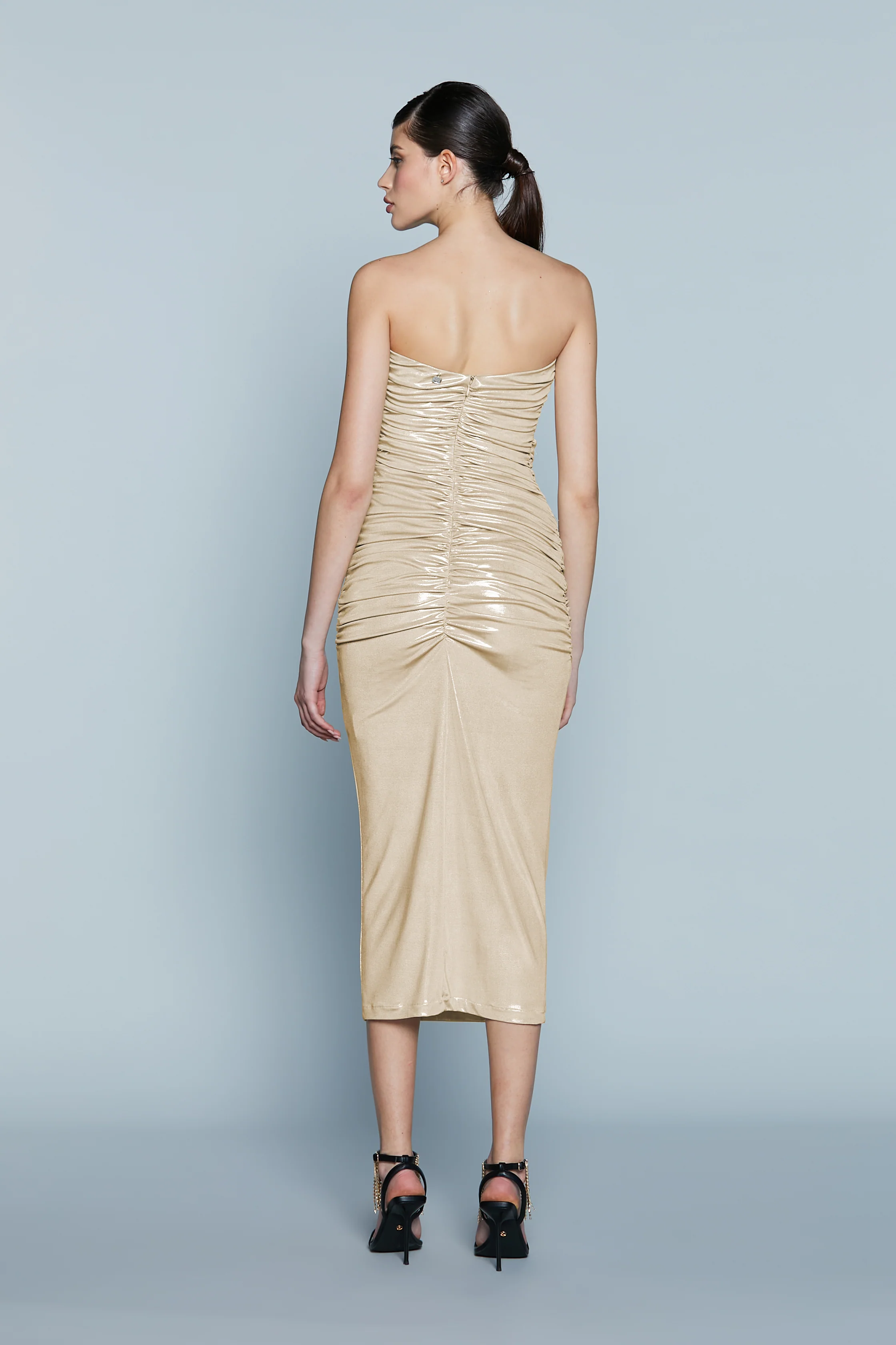 Abito TROPICA Midi Fascia Cut-Out con Arricci più Nodo Spalmato Lurex - Image 3