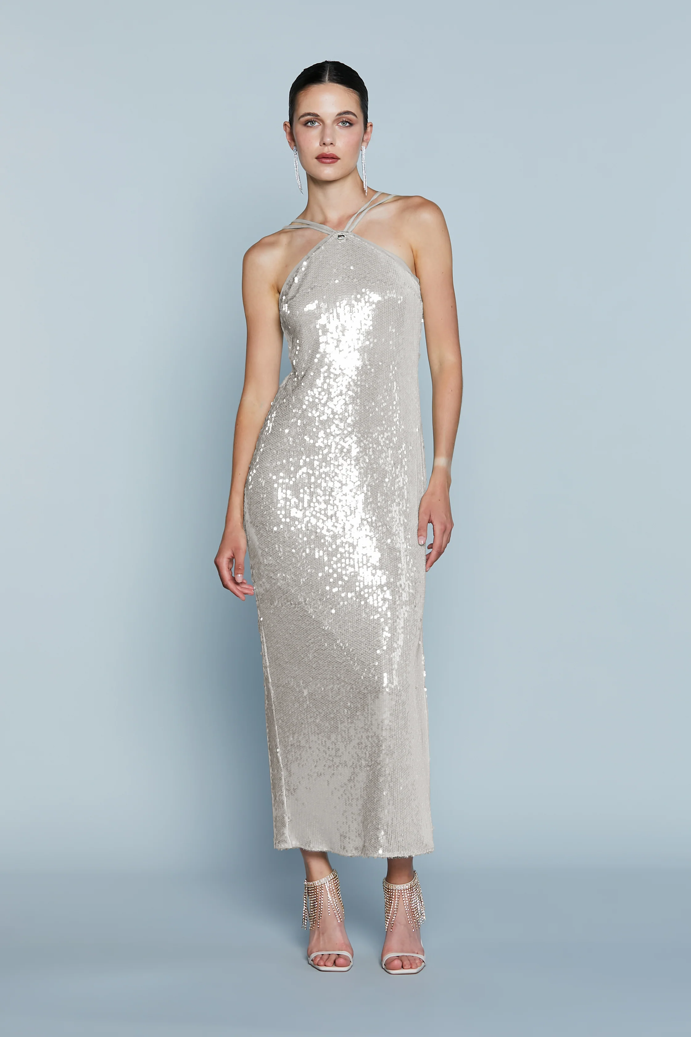 Abito VELHO Lungo con Bretelle Tulle Full Paillettes - Image 6