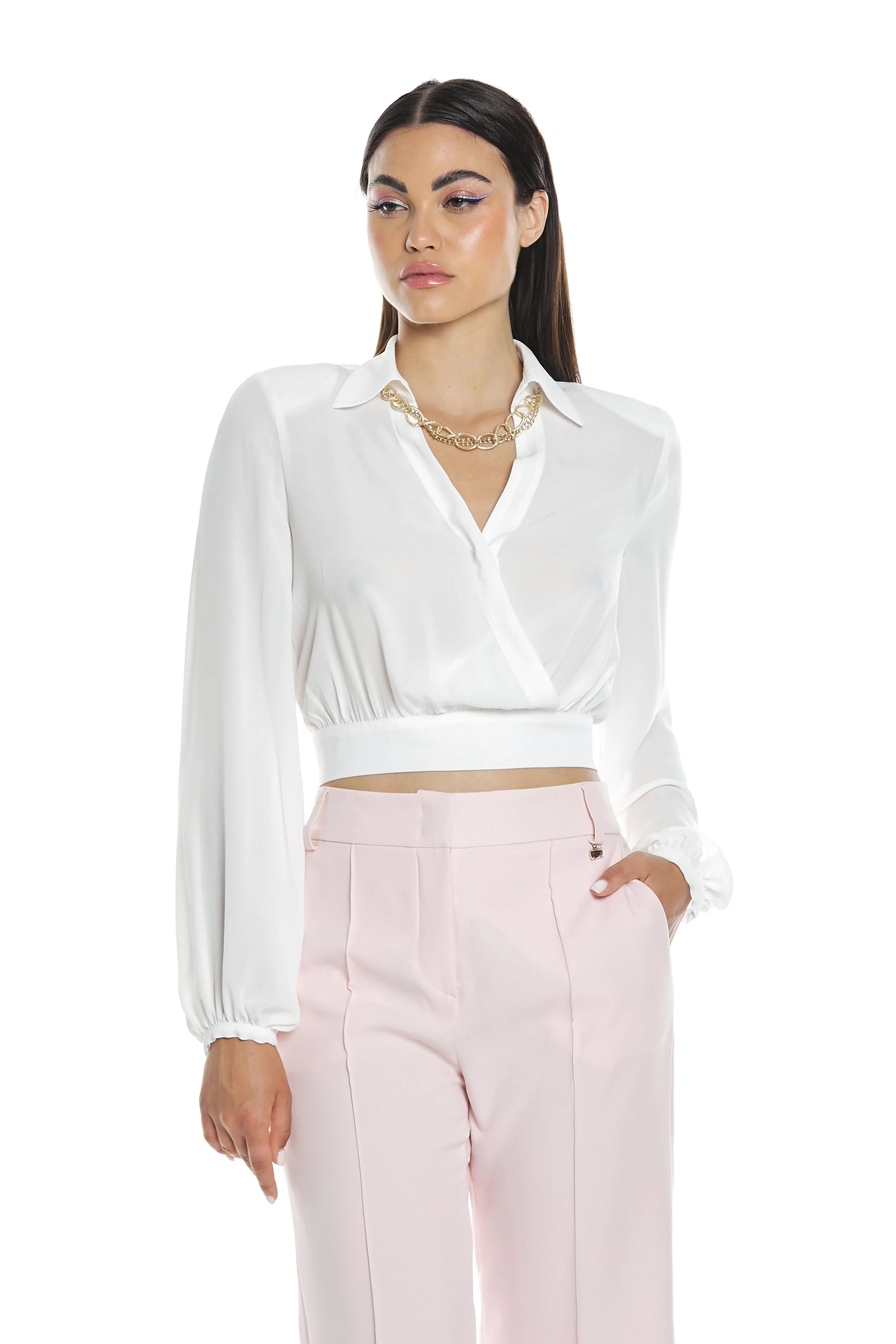 Blusa ALCYONE manica lunga sc.v incrocio  più collana catena  più fiocco dietro - Image 3