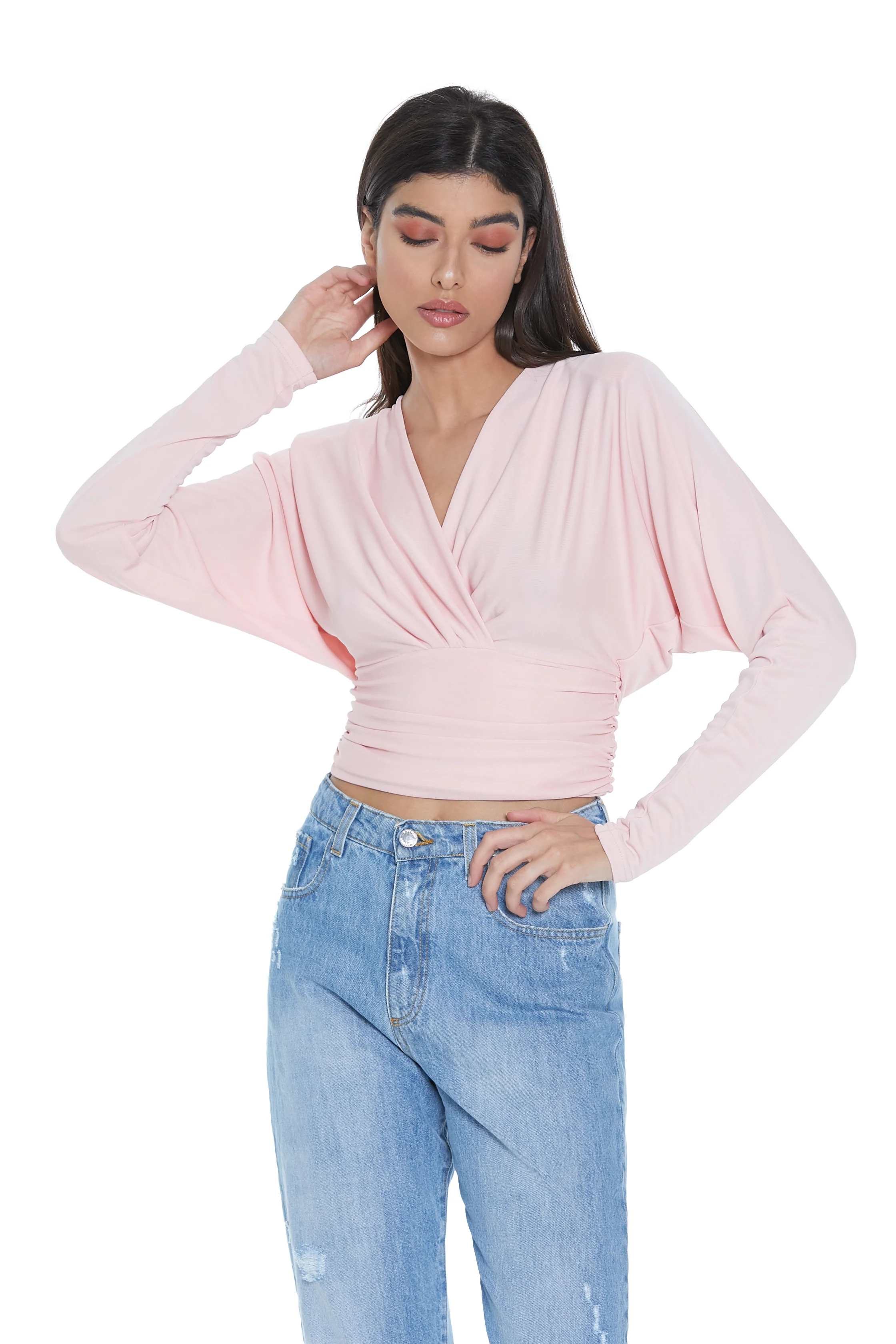 Blusa BETTY manica lunga pipistrello scollo incrocio con pieghe più arricci - Image 2