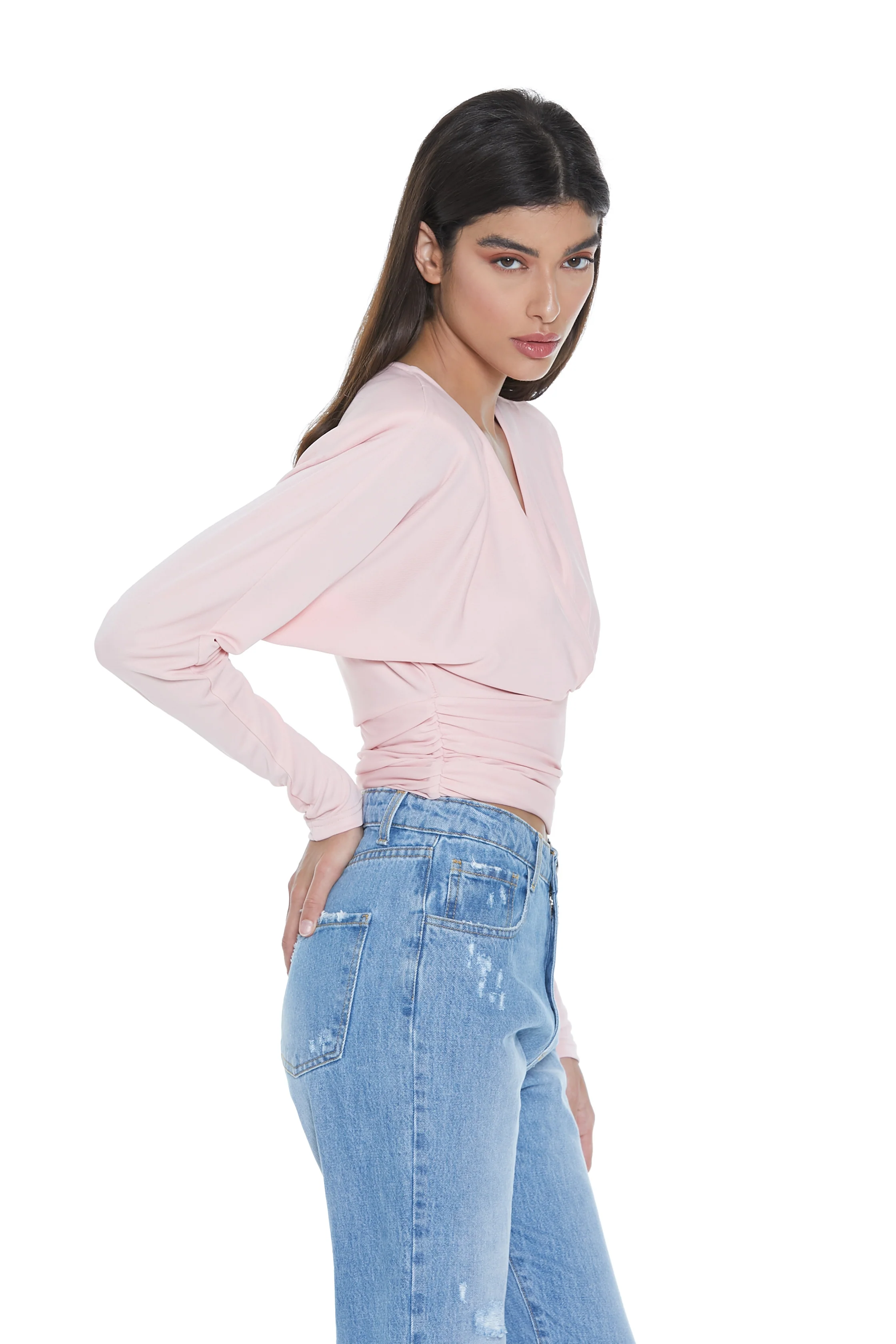 Blusa BETTY manica lunga pipistrello scollo incrocio con pieghe più arricci - Image 3
