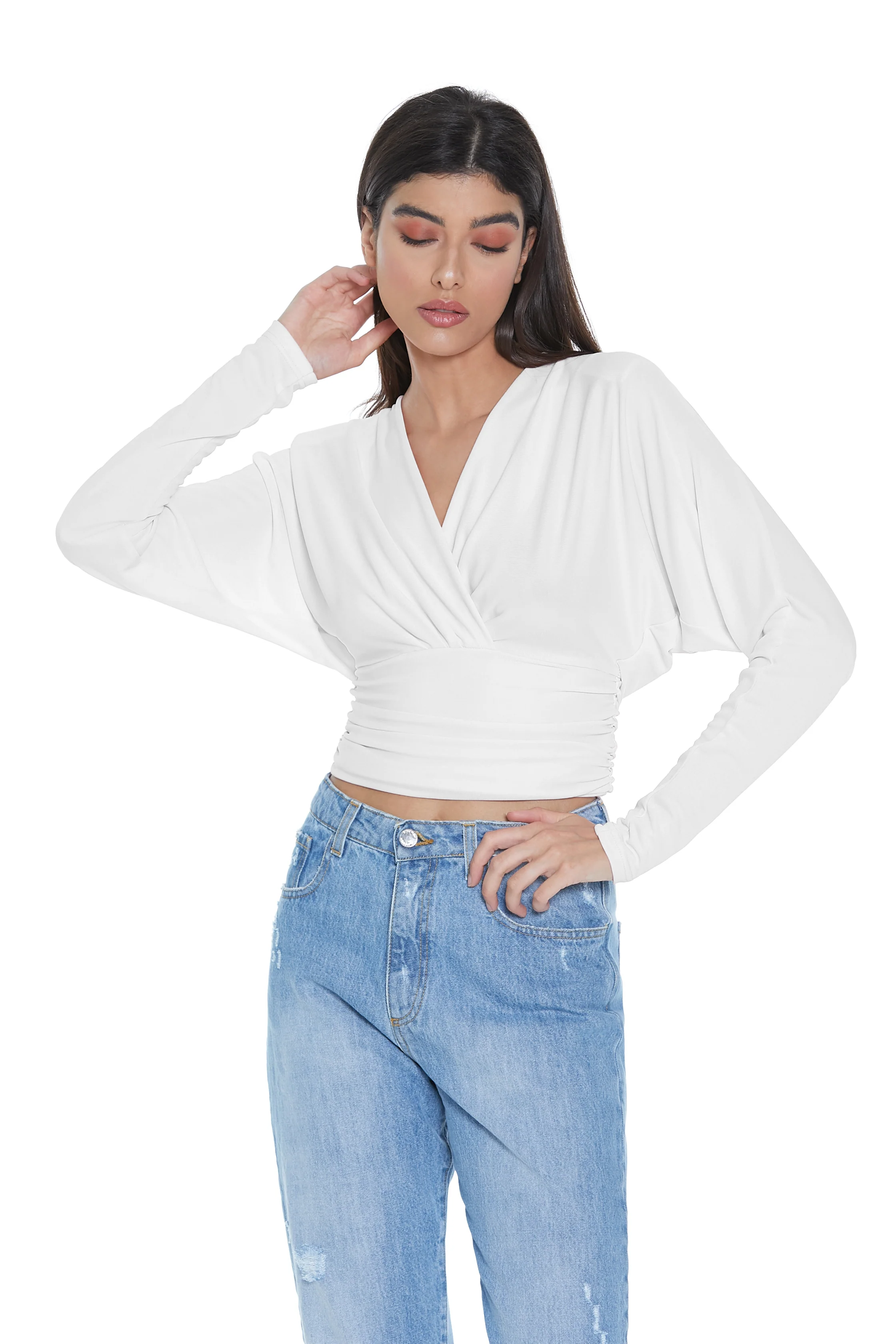 Blusa BETTY manica lunga pipistrello scollo incrocio con pieghe più arricci - Image 6