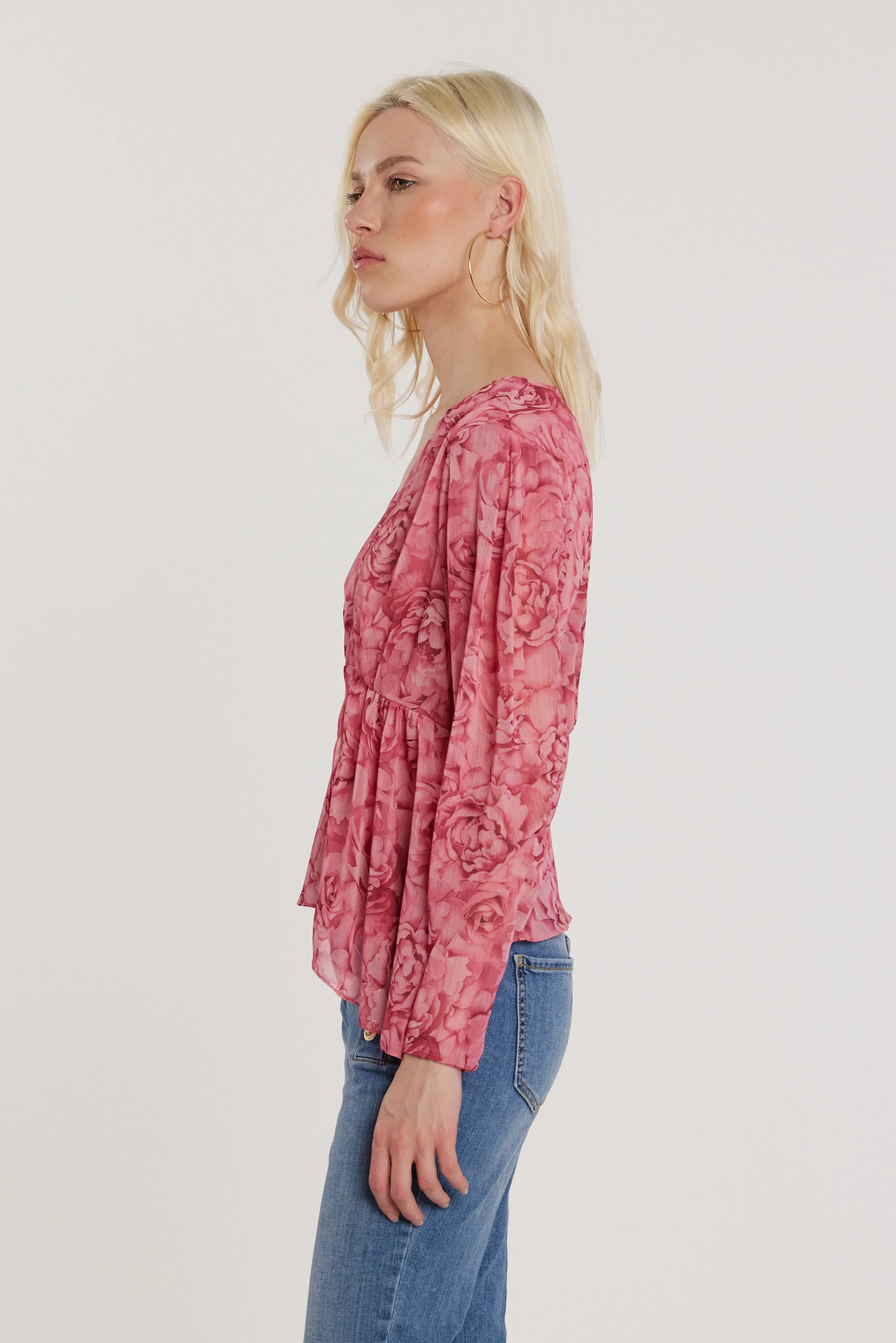 Blusa CARHOL maniche lunghe con pieghe scollo incrocio più pannello fantasia rose - Image 3