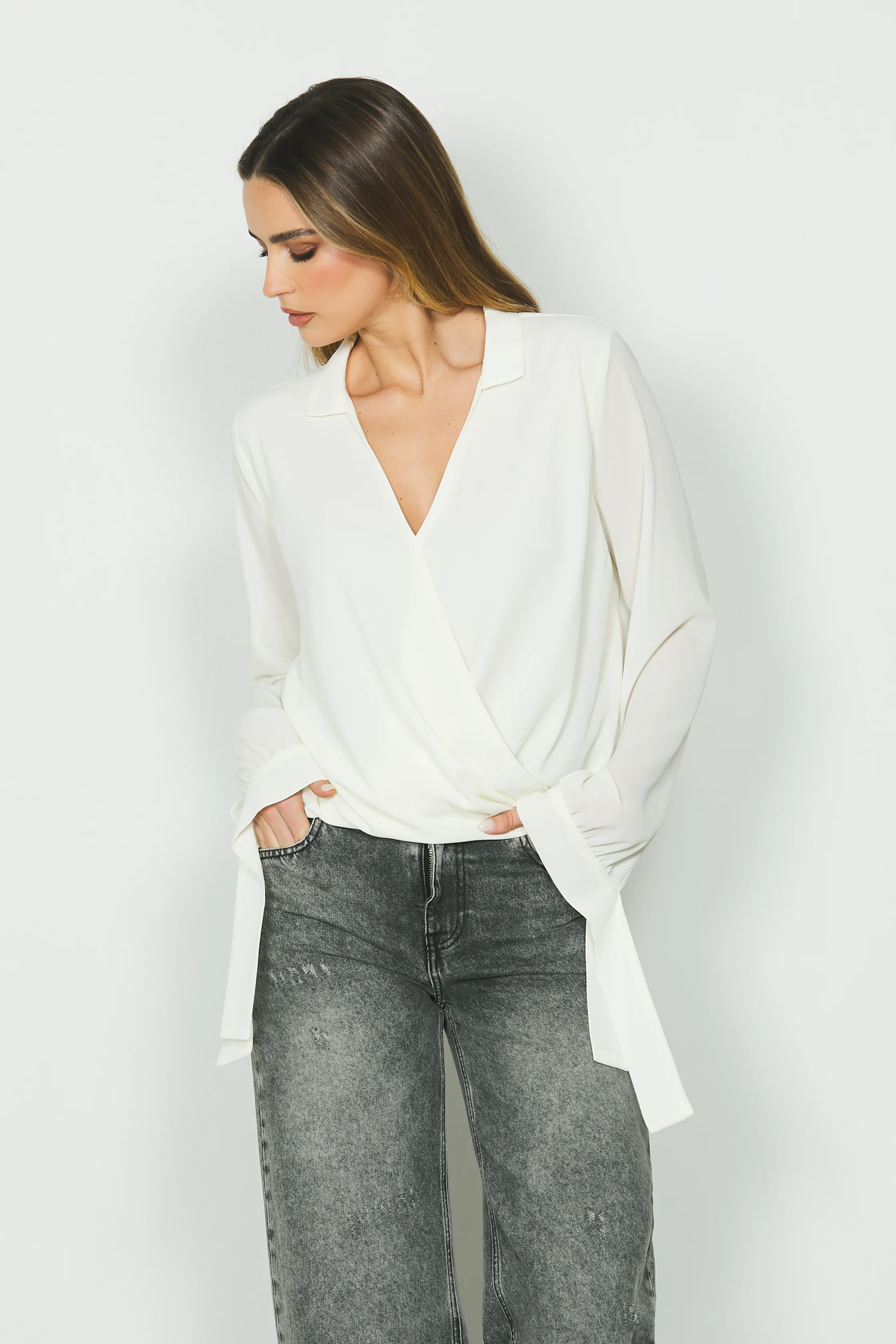 Blusa CRISTEL manica lunga con fusciacca scollo incrocio