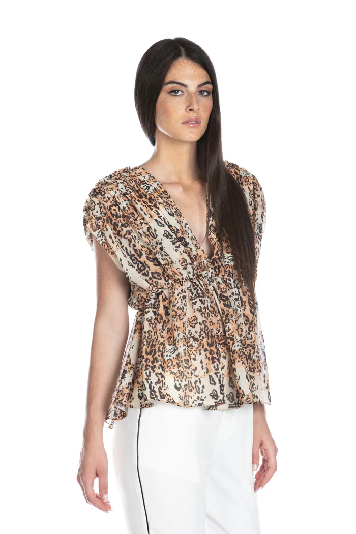 Blusa GUARDIANIM mezza manica con rouches doppio scollo v con nastro più arriccio vita - Image 2