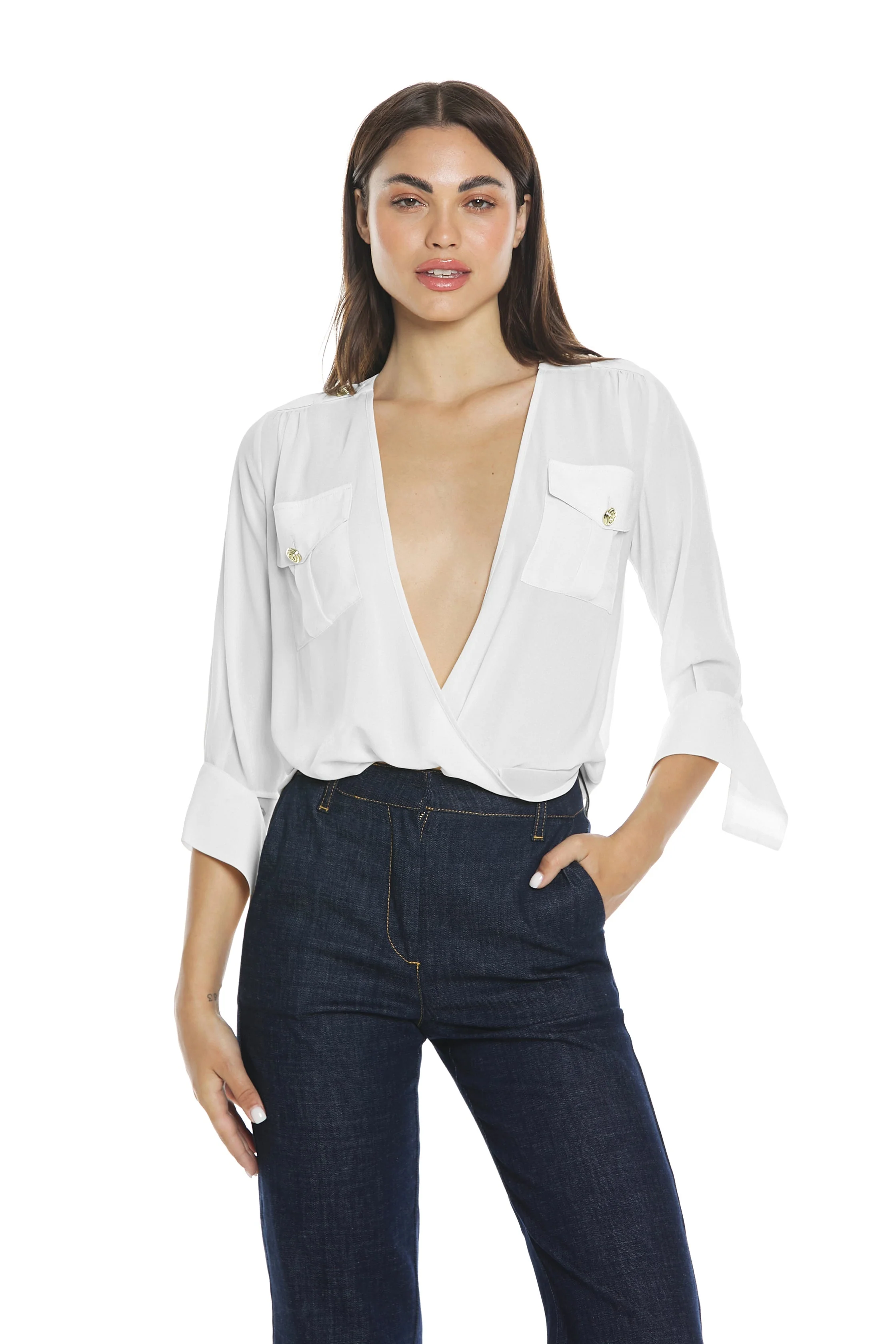 Blusa HARBARD m.3/4 con polso aerto scollo incrocio più tasche più alamari - Image 4