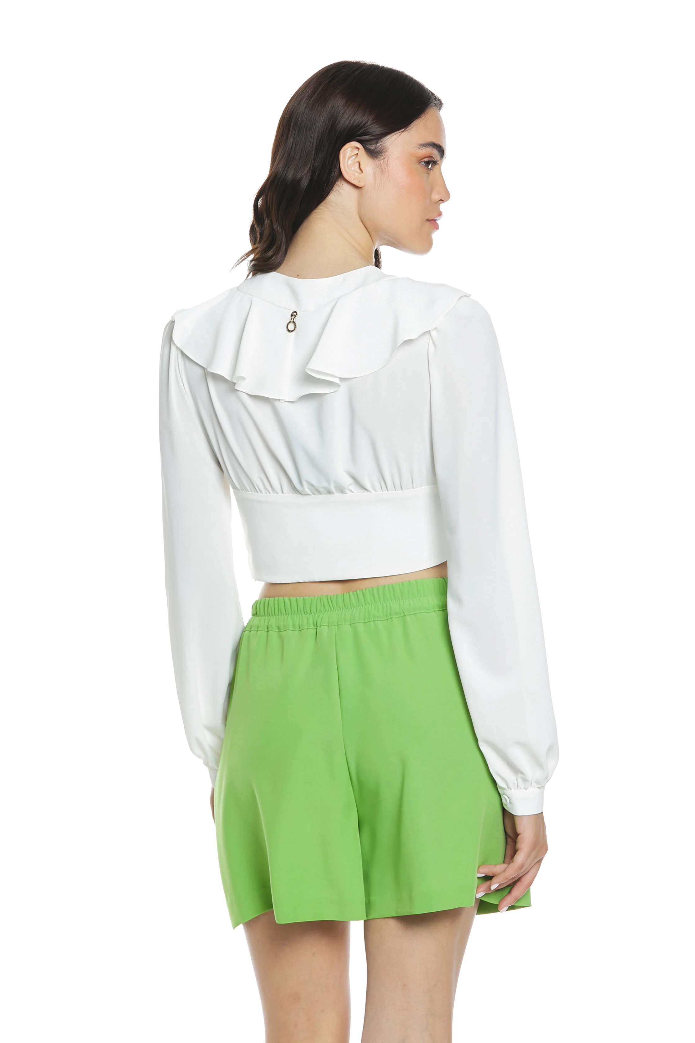 Blusa HILMI corta manica lunga scollo v ampio con accessorio gioiello più rouches - Image 4