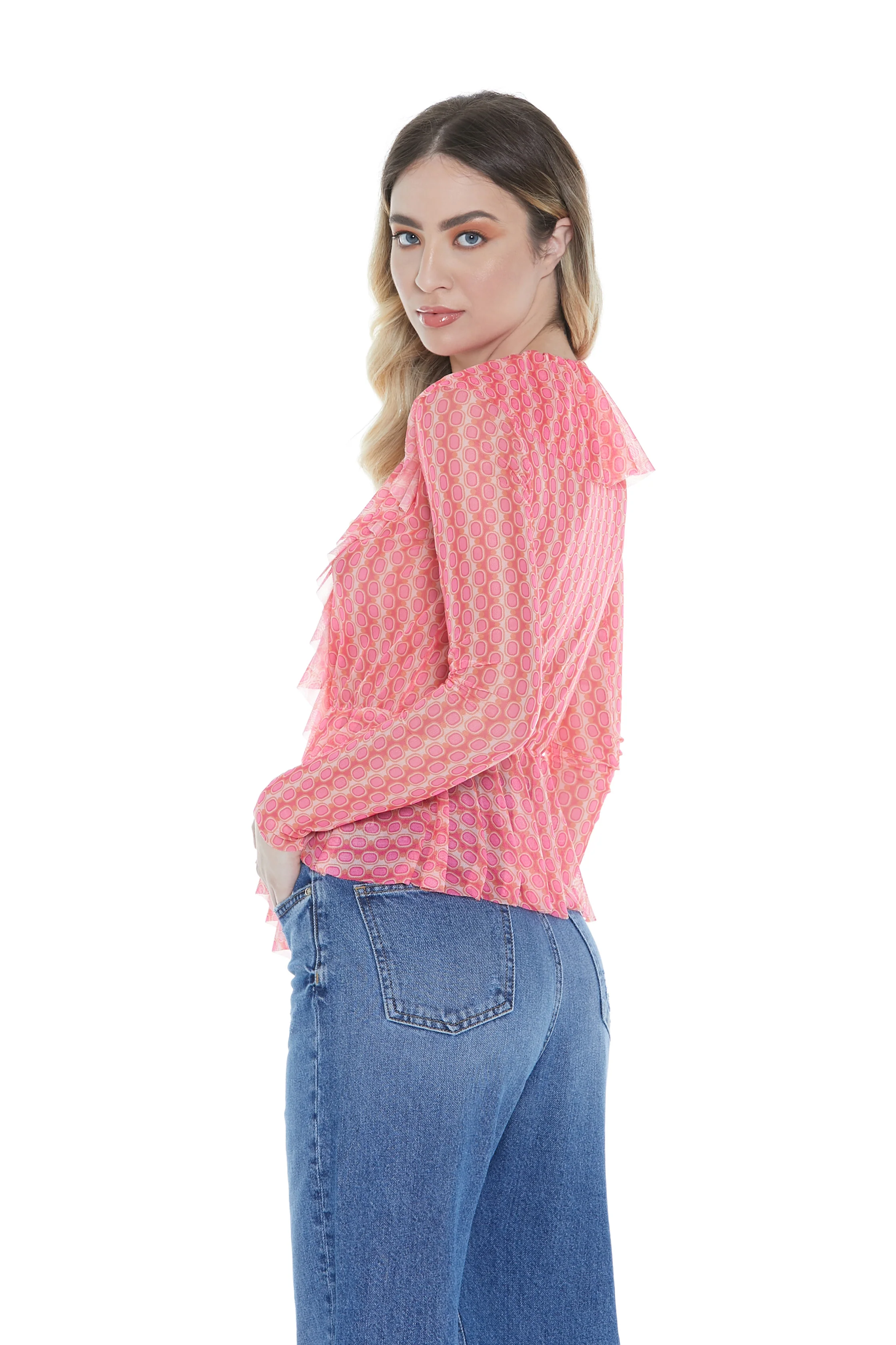 Blusa MENKIB manica lunga scollo incrocio ampio con rouches tulle fant. Anni '70 - Image 4