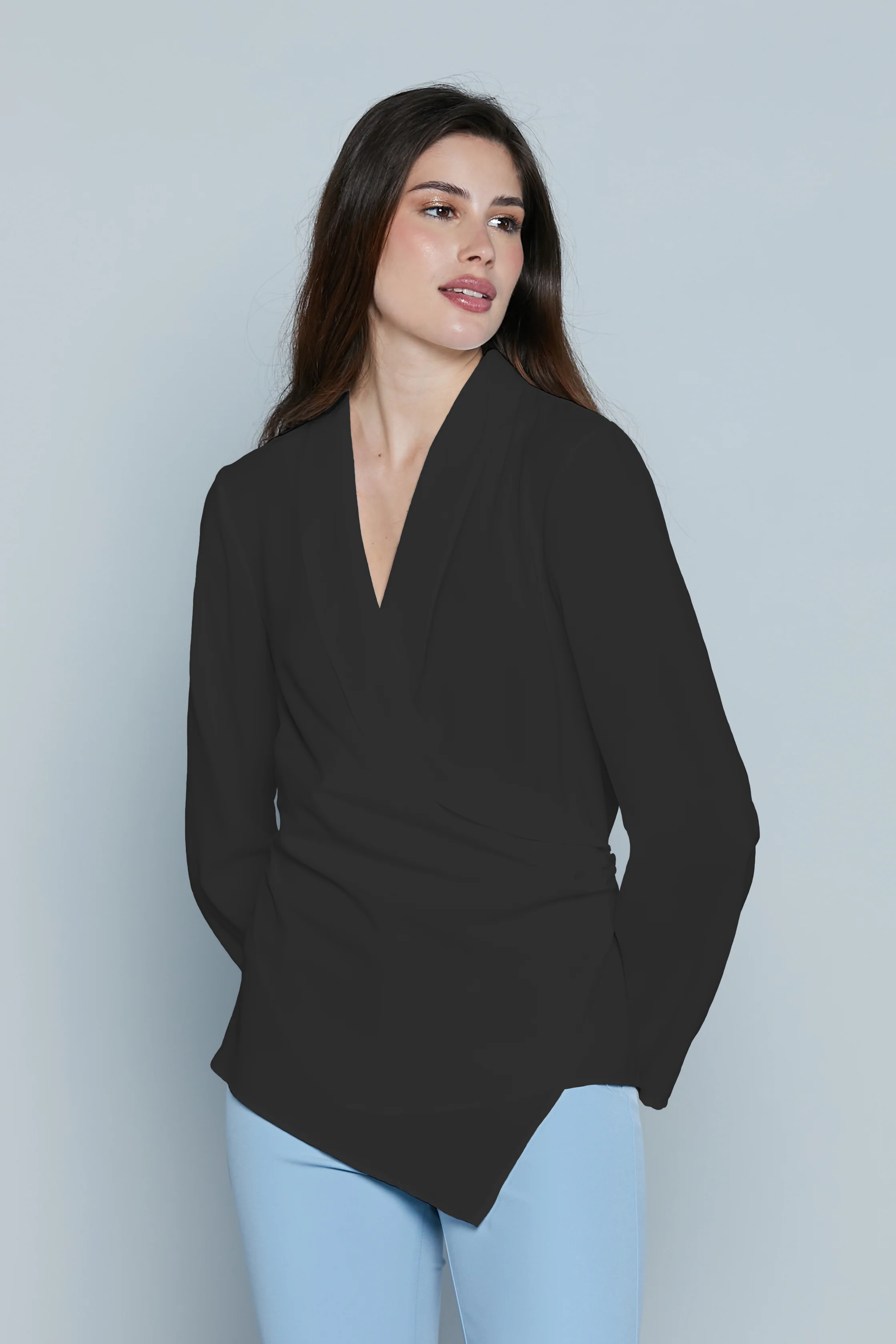 Blusa RIVAS M/L Sc.Incrocio con Pieghe più Bottone più Elastico Vita Asimmetrica - Image 5