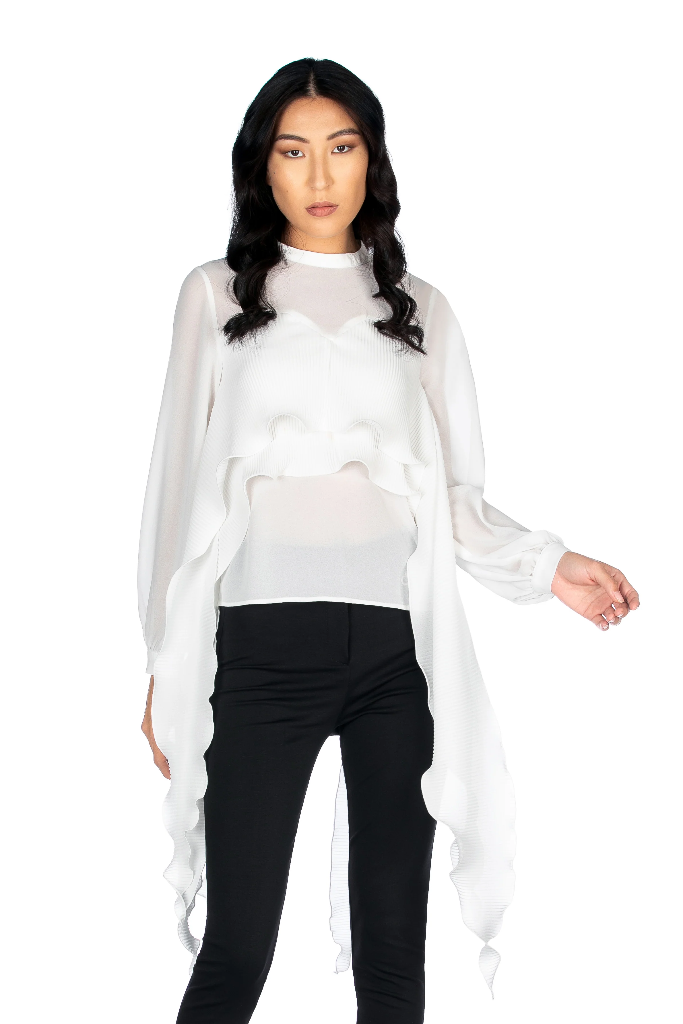 Blusa STRAND manica lunga con volant più plisse'