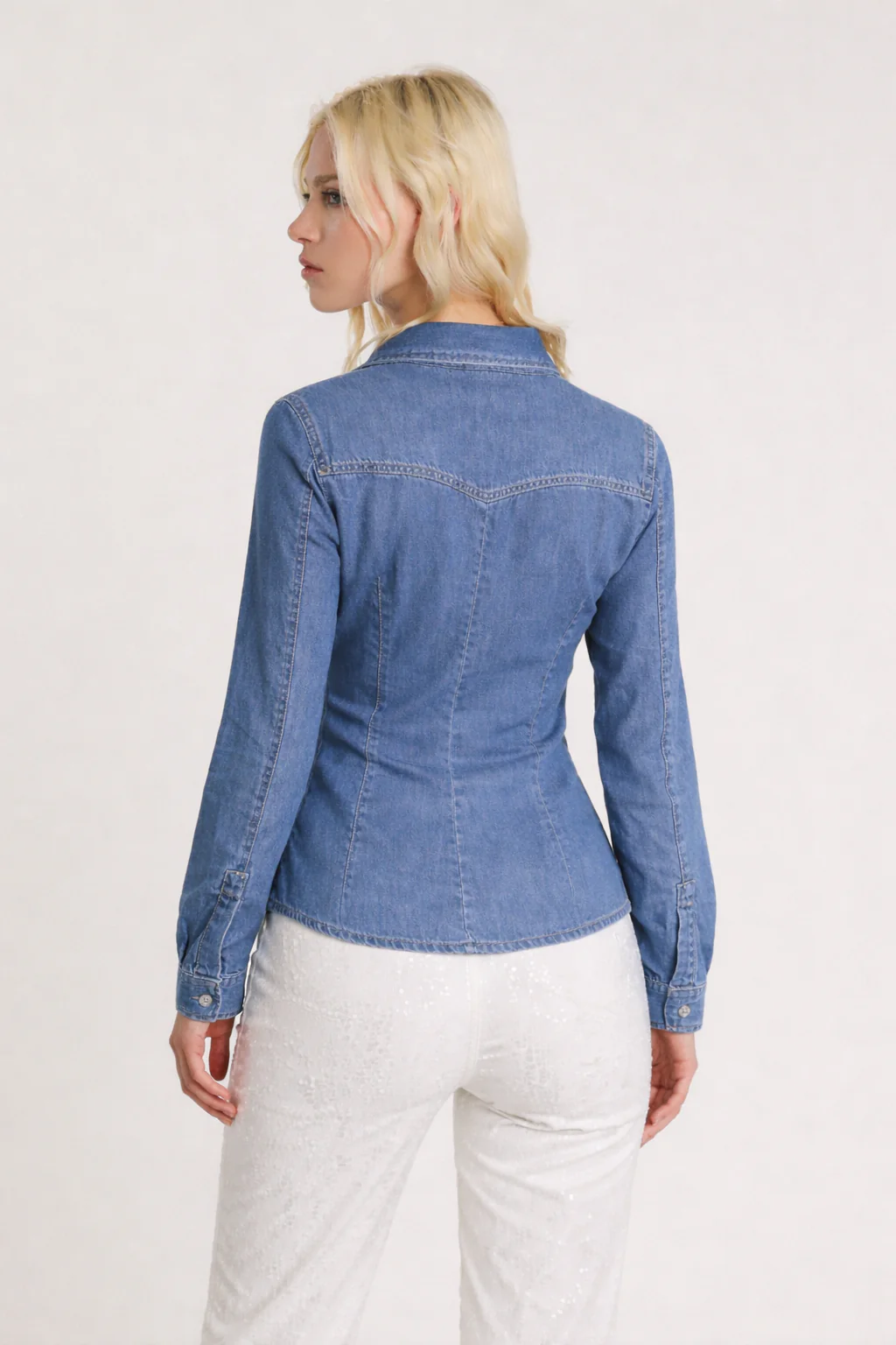 Camicia EVA_20 maniche lunghe con tasche più applicazioni strass patte slim fit denim blu - Image 2