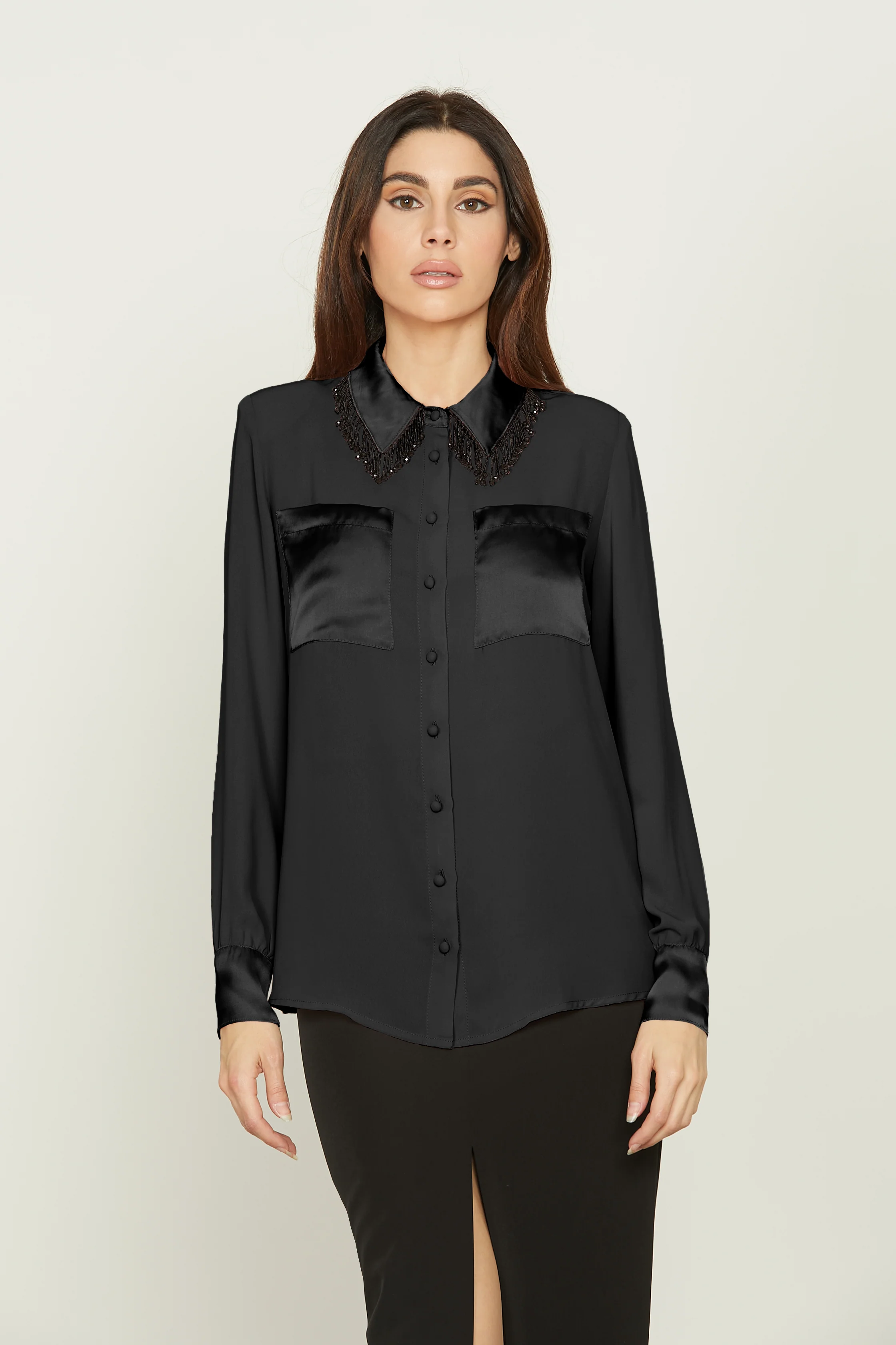 Camicia GRAZIA manica lunga con inserti raso più tasche più applicazione perline - Image 7