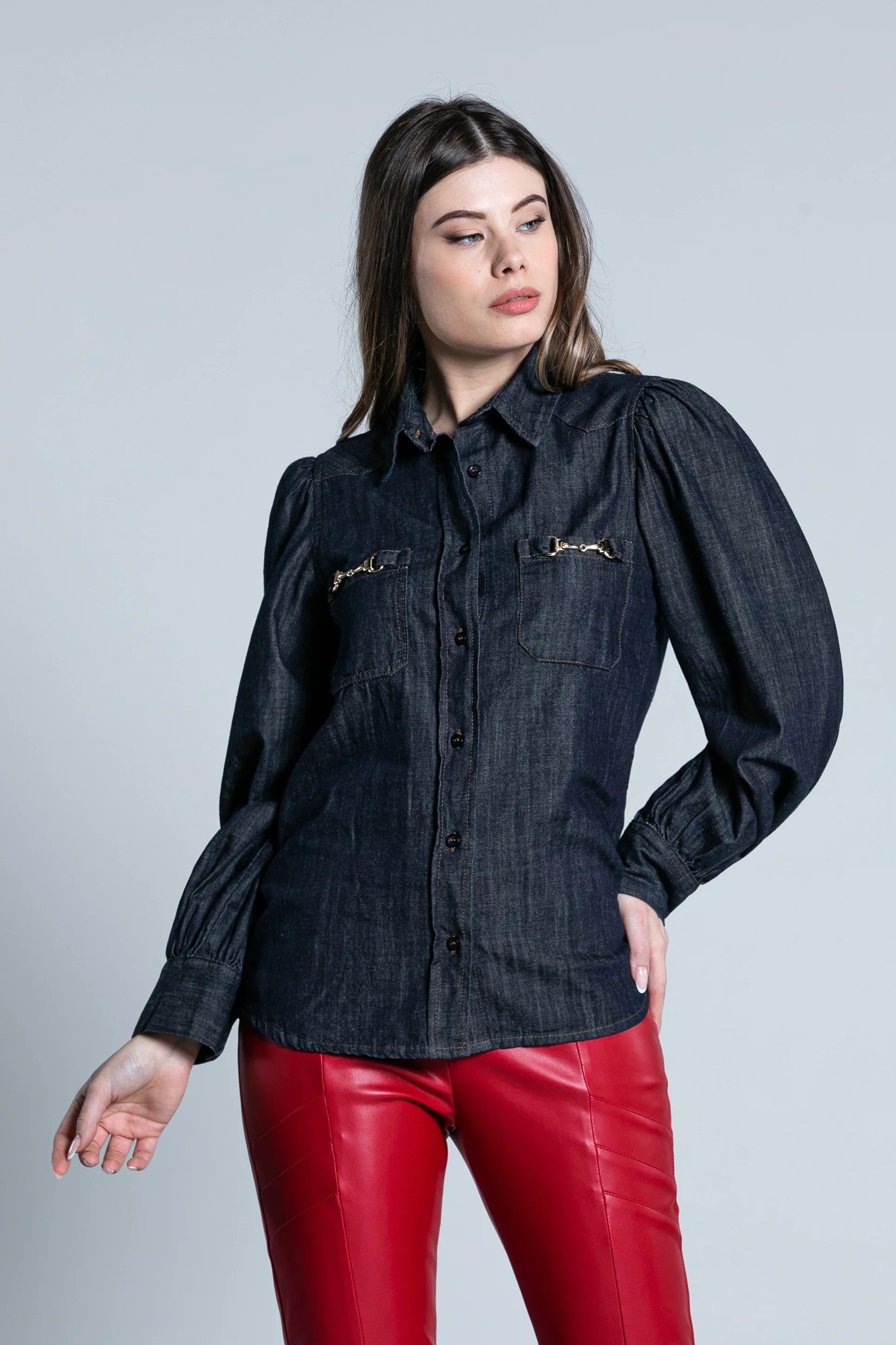Camicia INCAM manica lunga palloncino con tasche più fibbie cavallerizza denim - Image 2