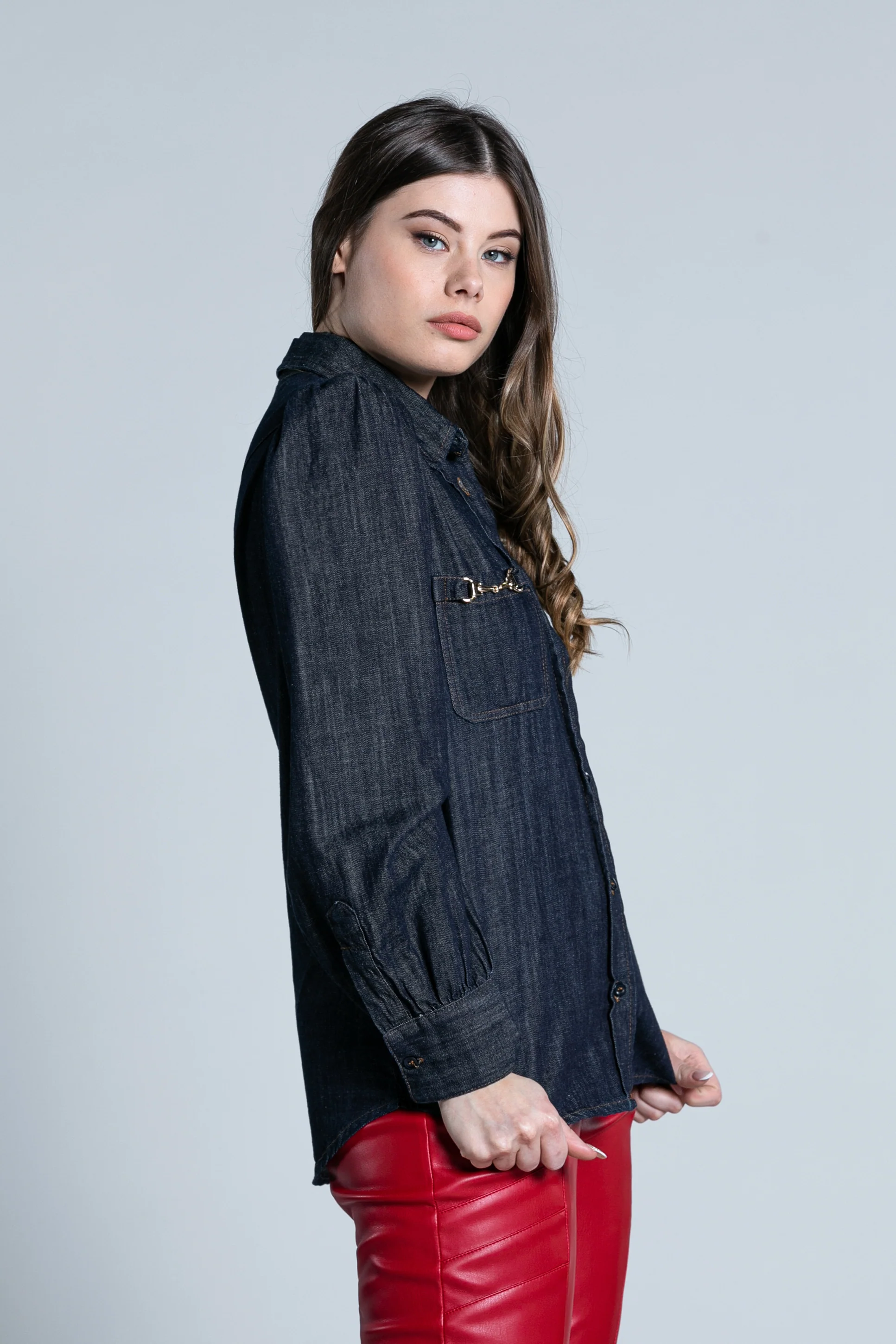 Camicia INCAM manica lunga palloncino con tasche più fibbie cavallerizza denim - Image 3