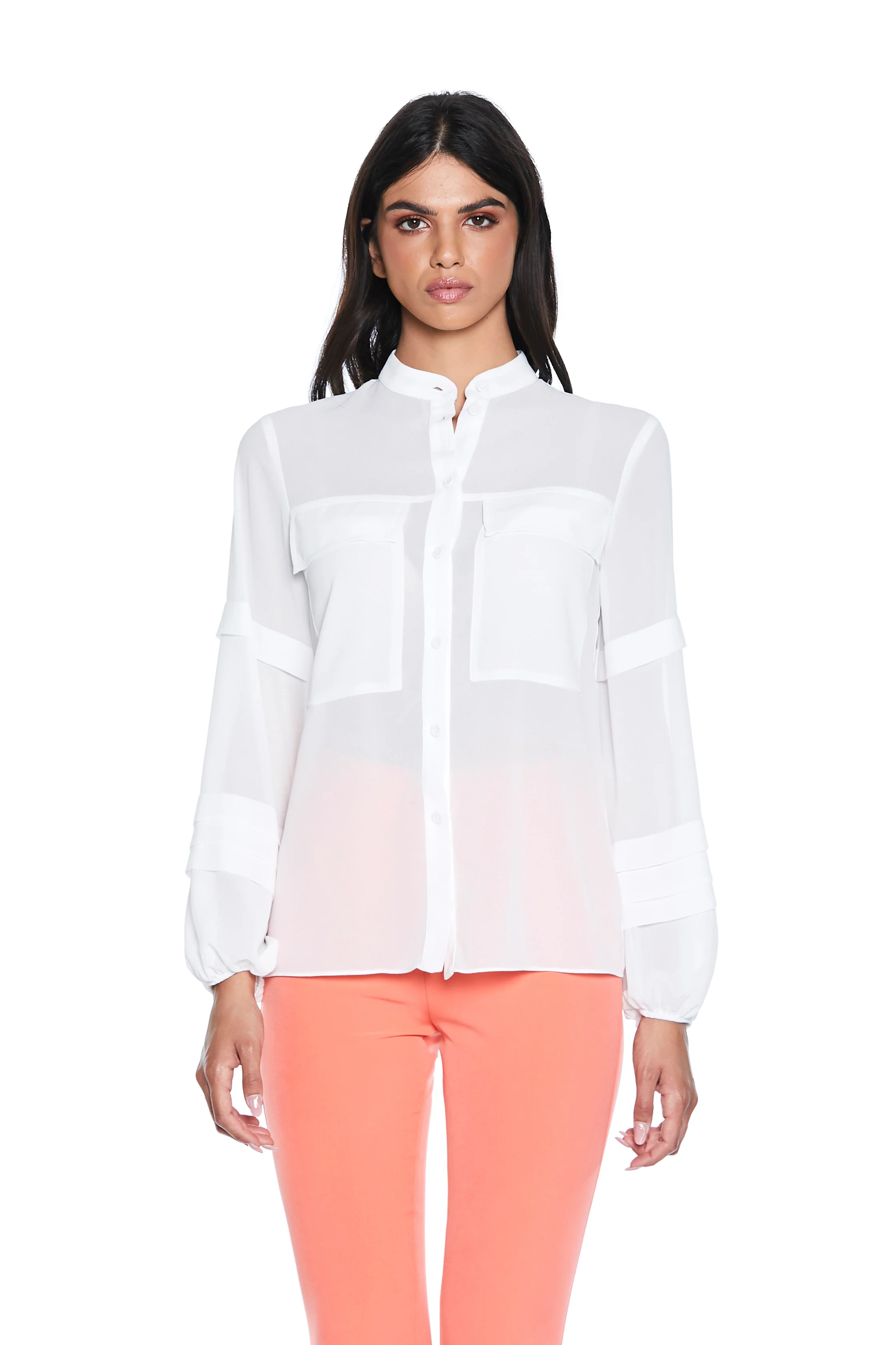 Camicia KISSME manica lunga con pieghe più arricci scollo koreana con tasche - Image 2