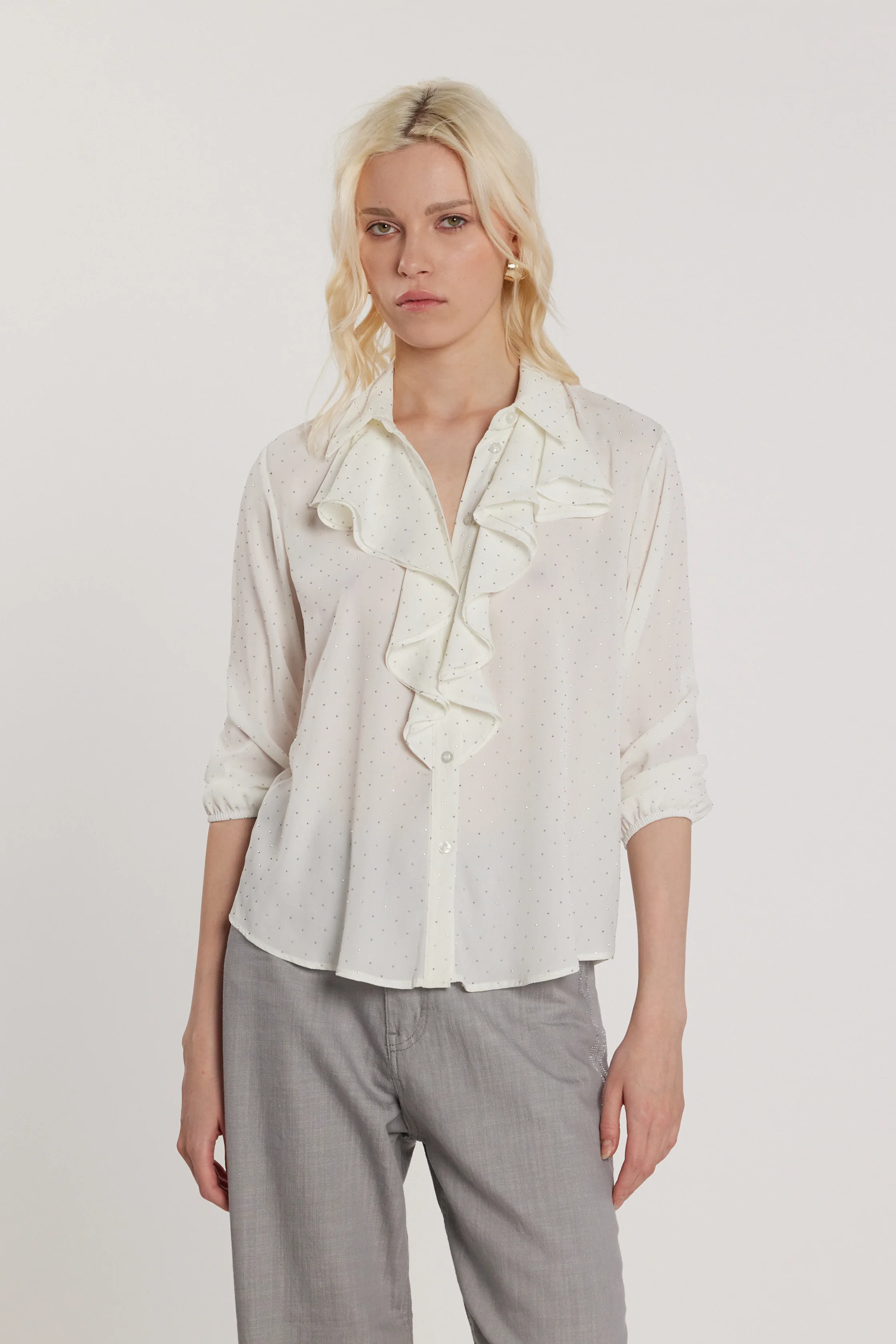 Camicia YOUNG maniche tre quarti con arriccio e rouches più strass all over