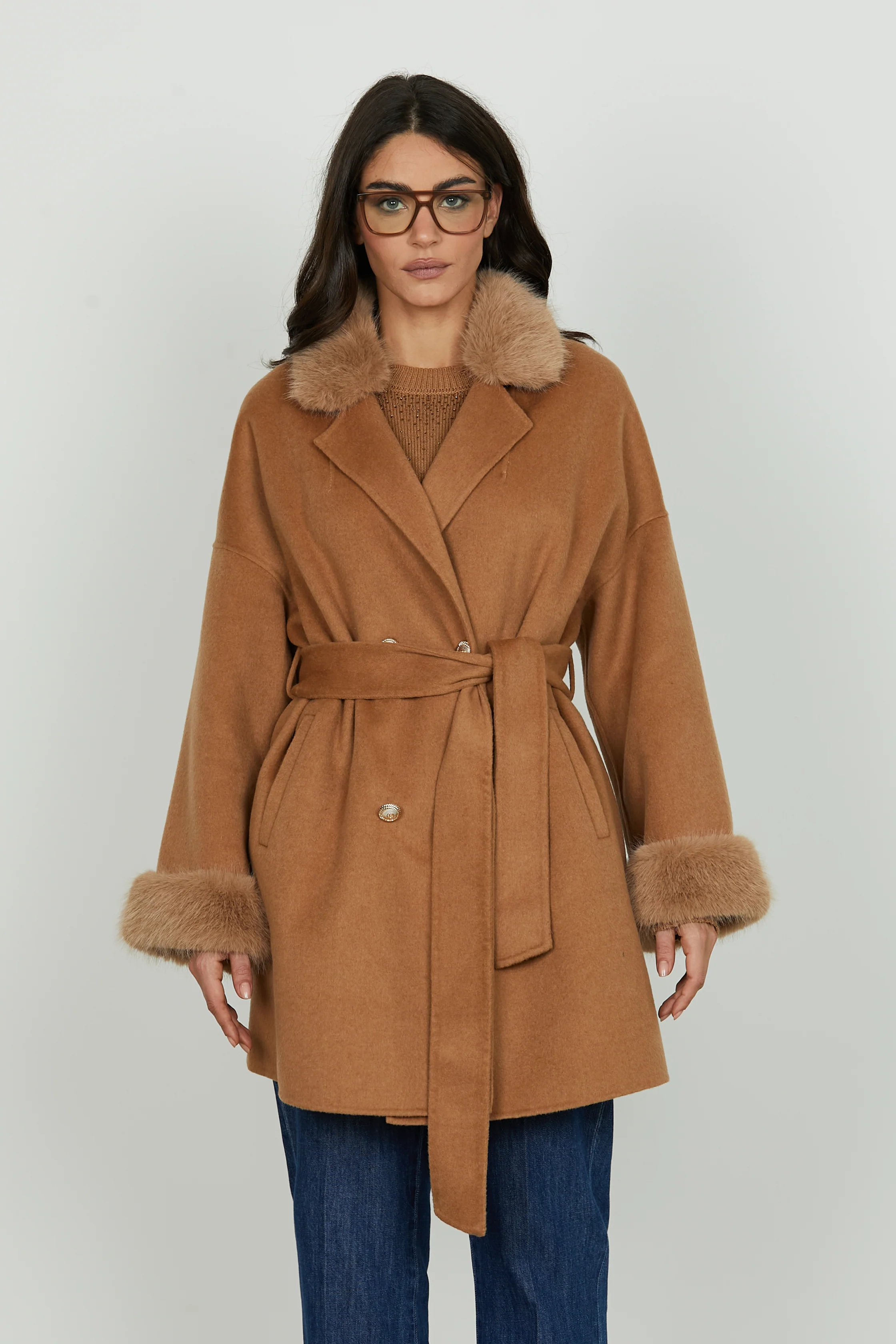 Cappotto VEXAT manica lunga doppio petto con bordi ecopelliccia più tasche più cintura