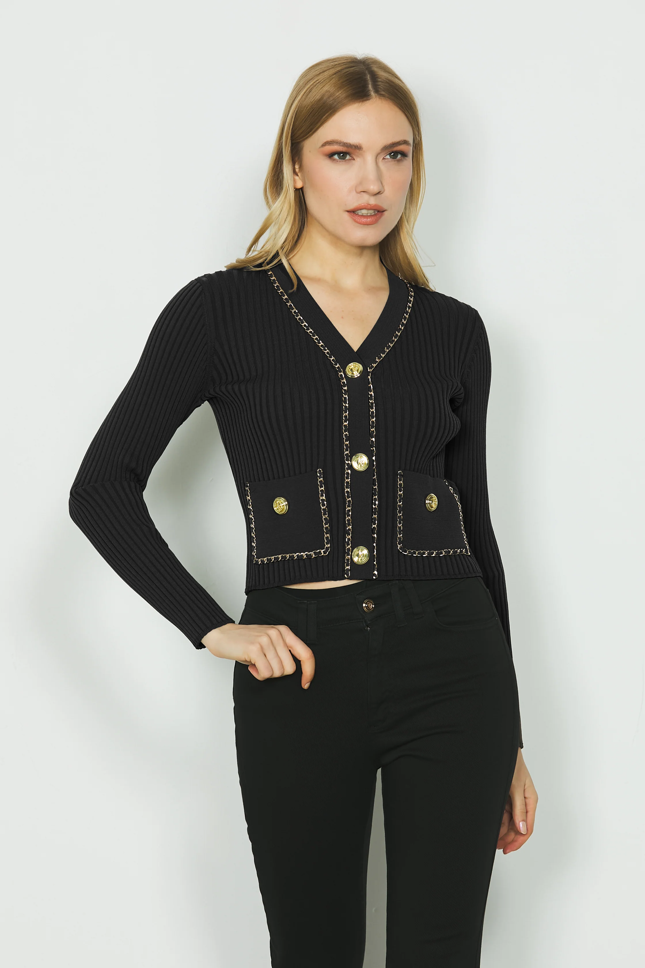 Cardigan AMELIA manica lunga con tasche più profili catena costina - Image 7