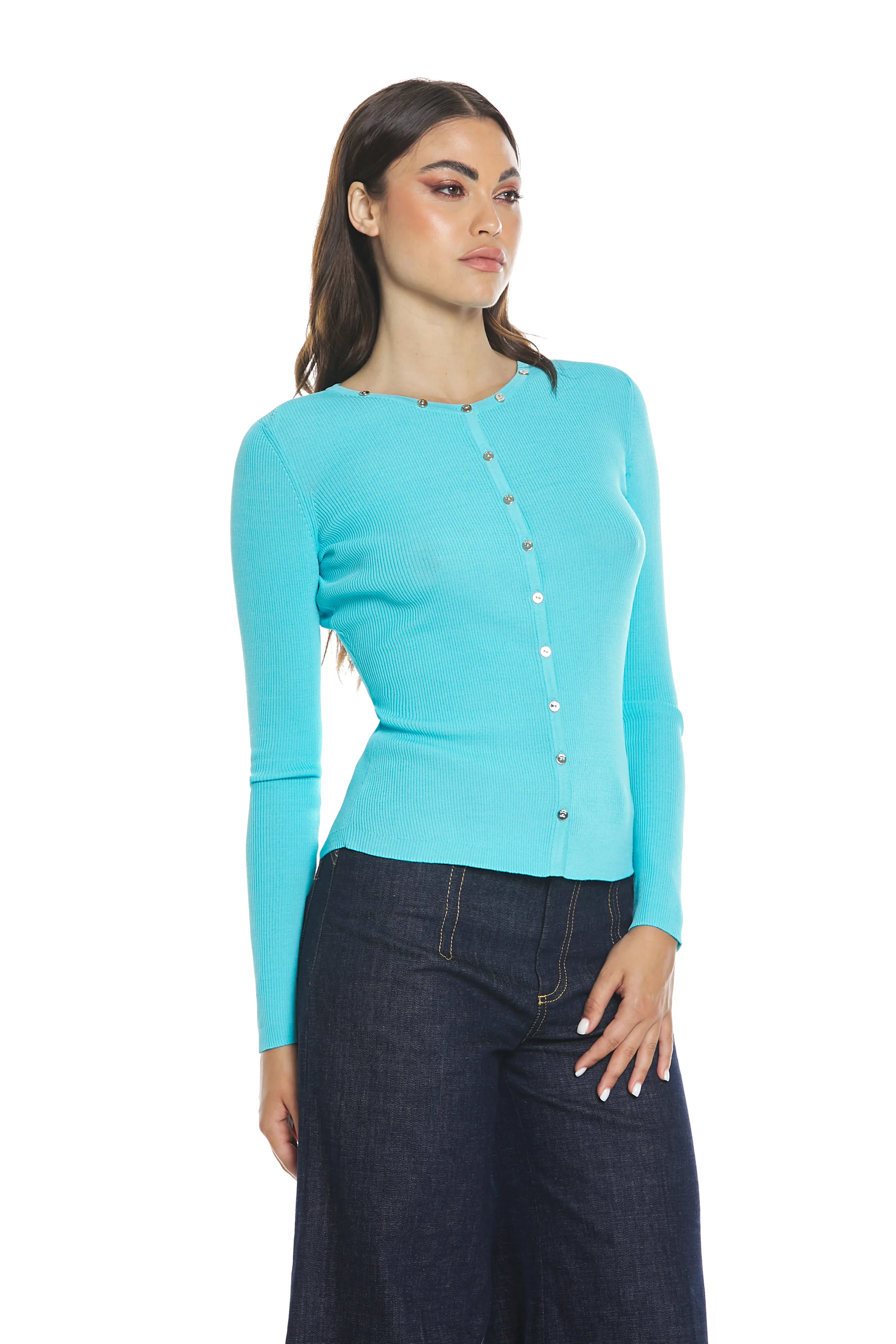 Cardigan BLENDA manica lunga con bottoncini bordi costina - Image 3