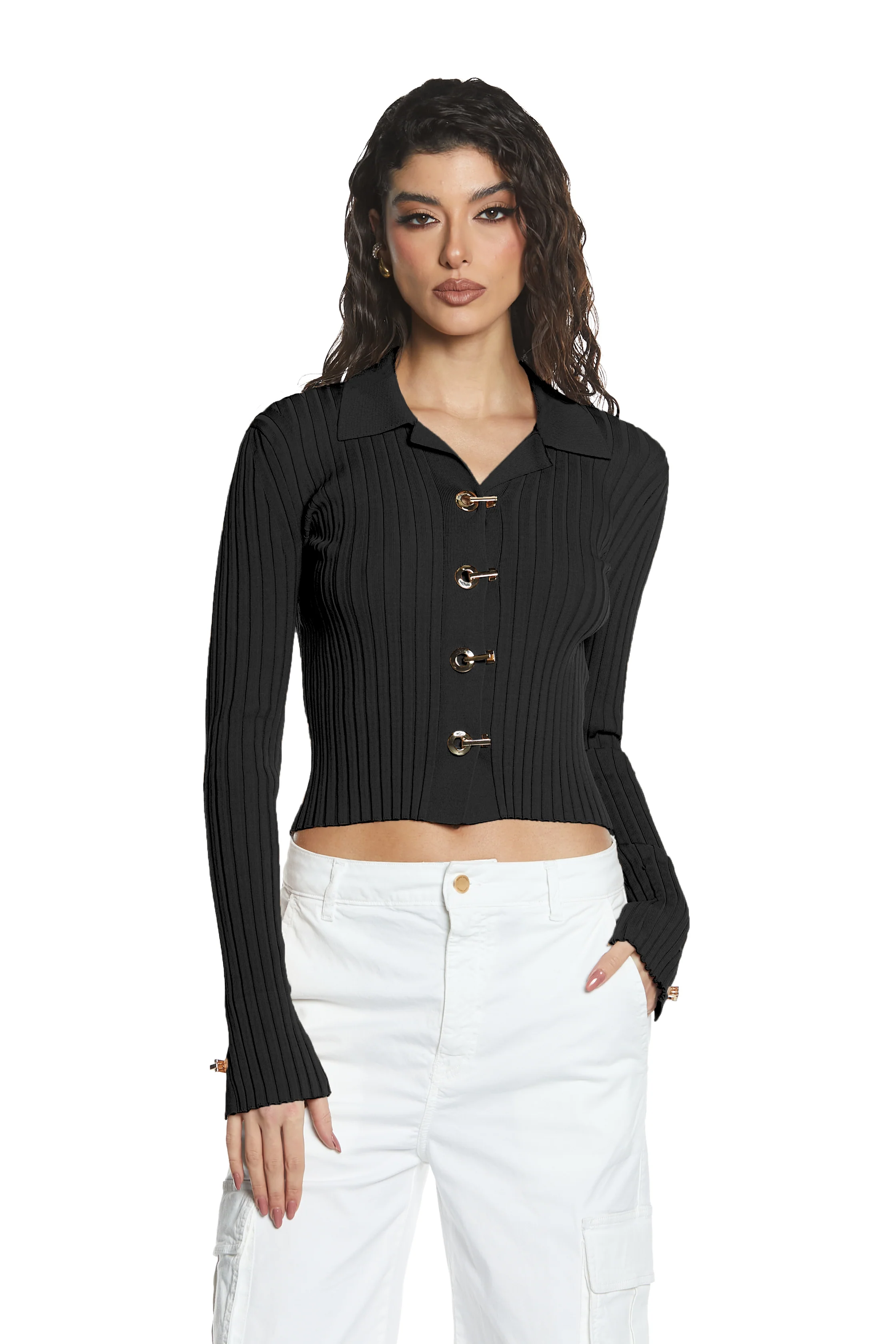 Cardigan DIASPRO manica lunga con anelli più ganci costina - Image 6