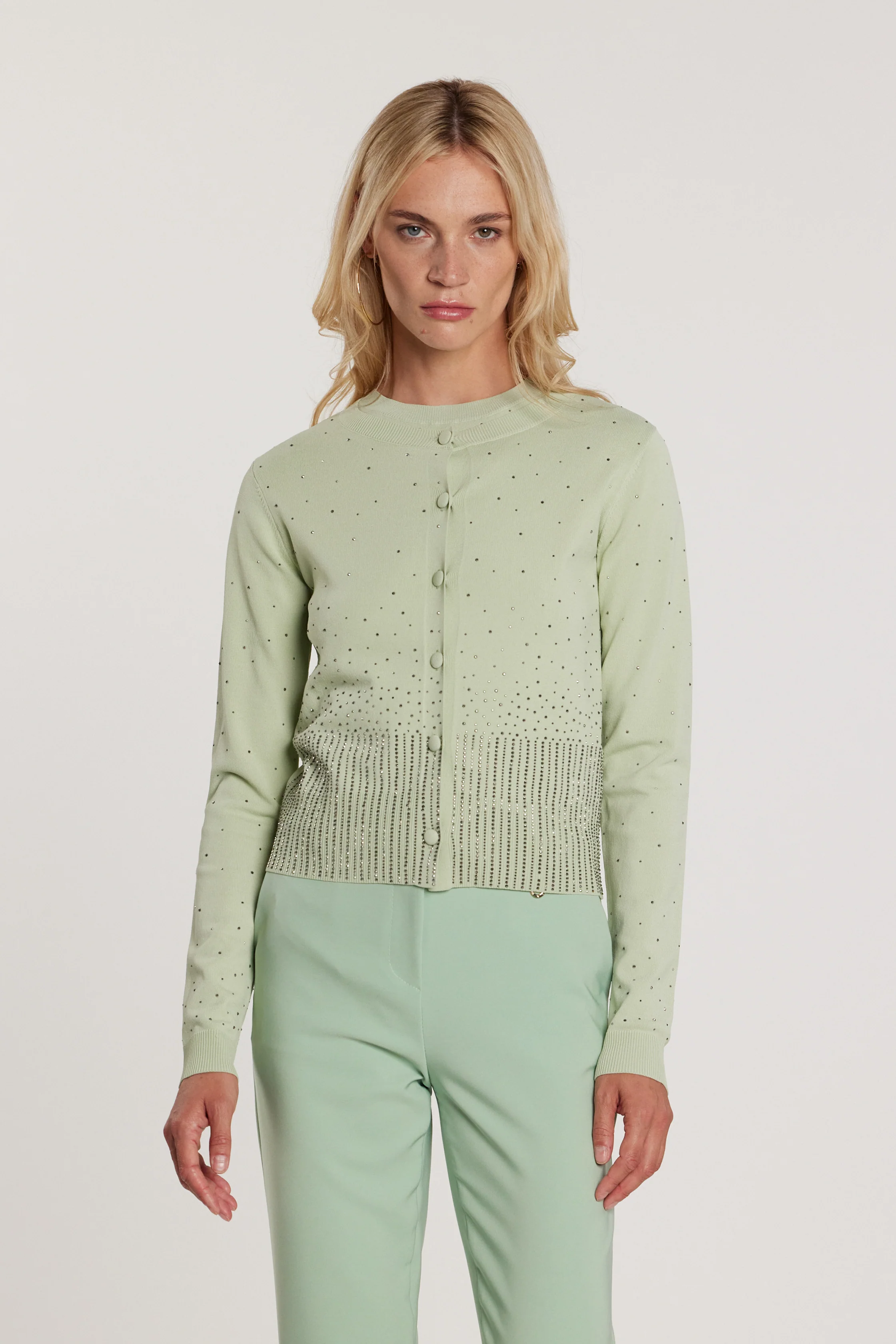 Cardigan MOSS maniche lunghe girocollo con bottoni più applicazioni strass