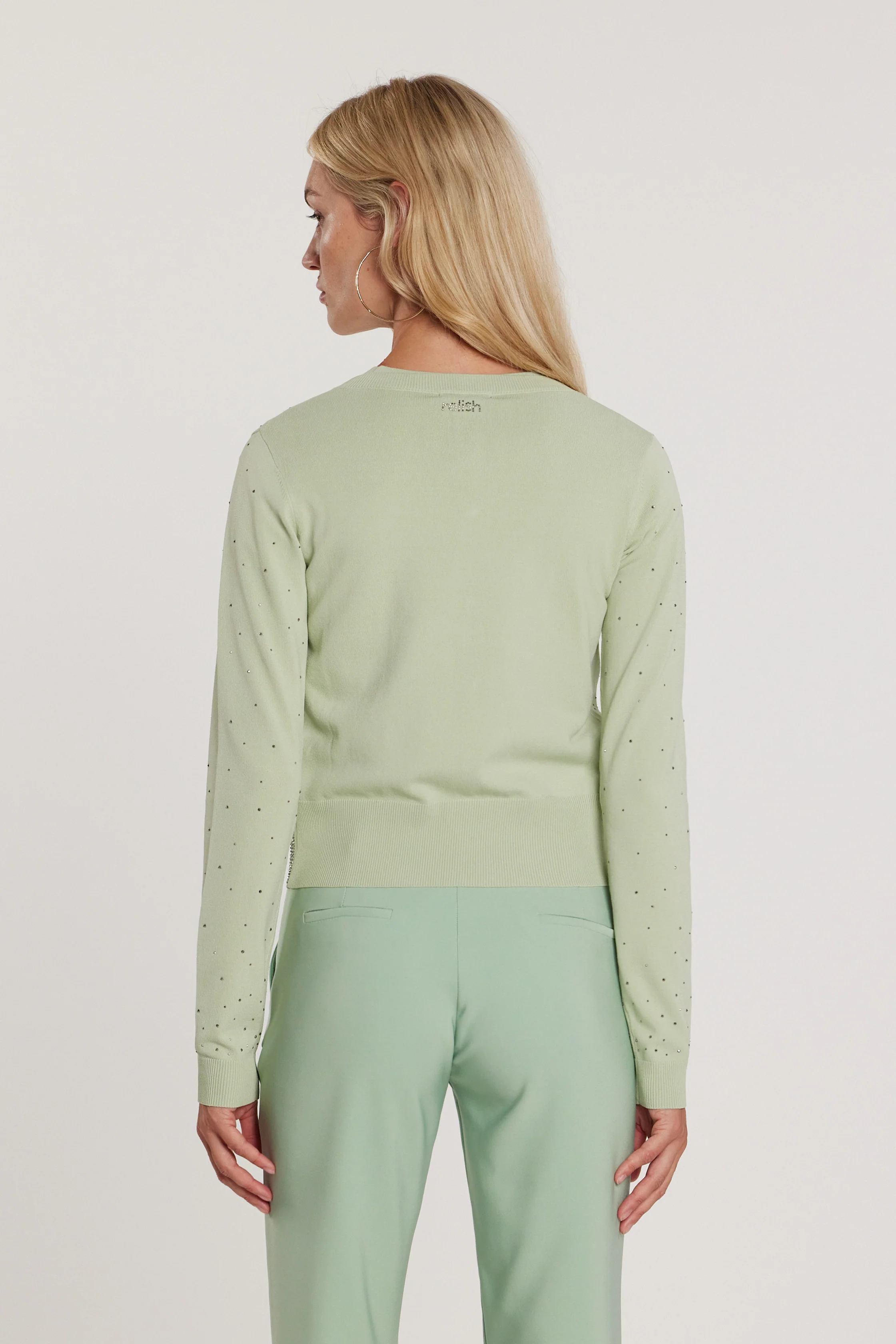 Cardigan MOSS maniche lunghe girocollo con bottoni più applicazioni strass - Image 3