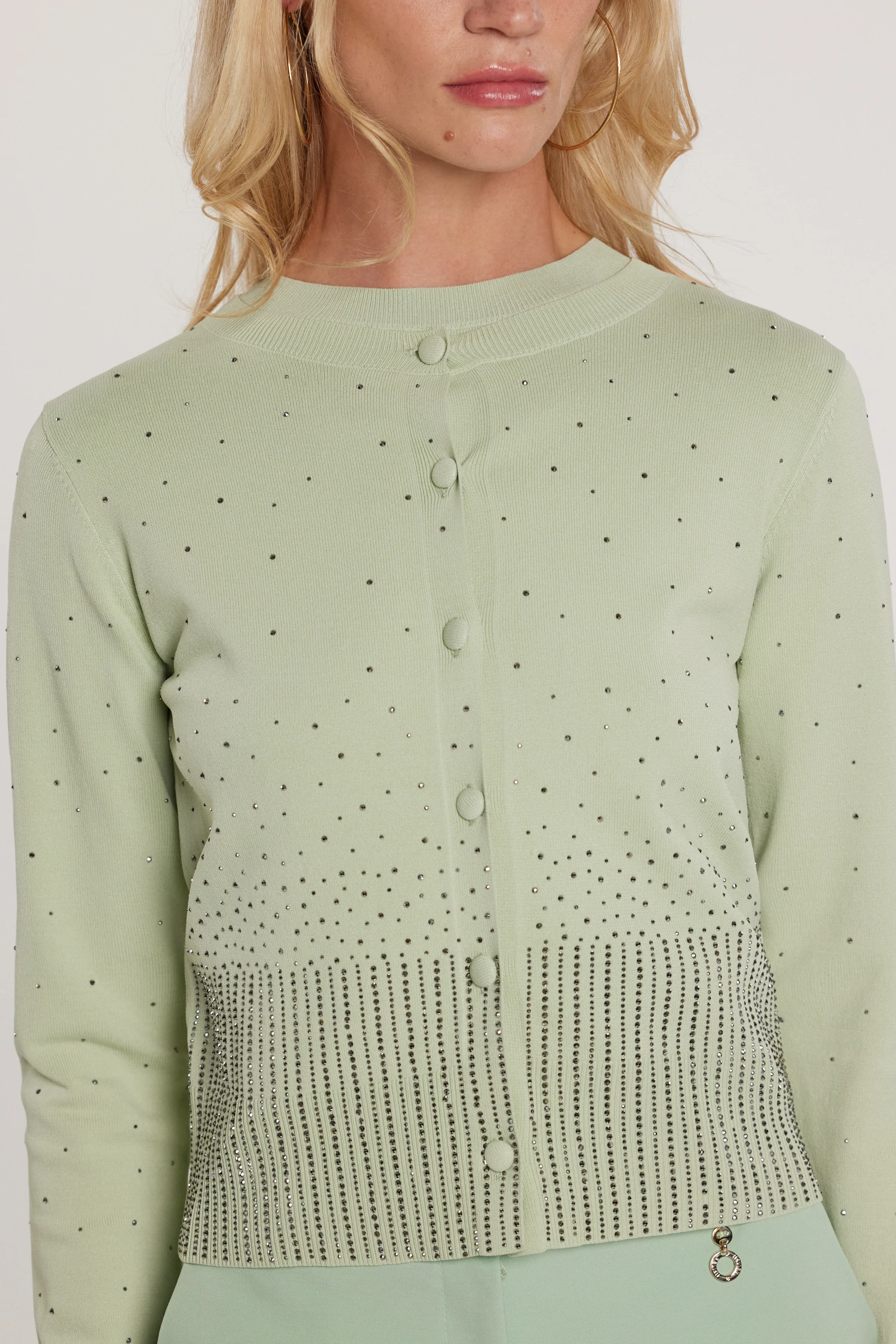 Cardigan MOSS maniche lunghe girocollo con bottoni più applicazioni strass - Image 4