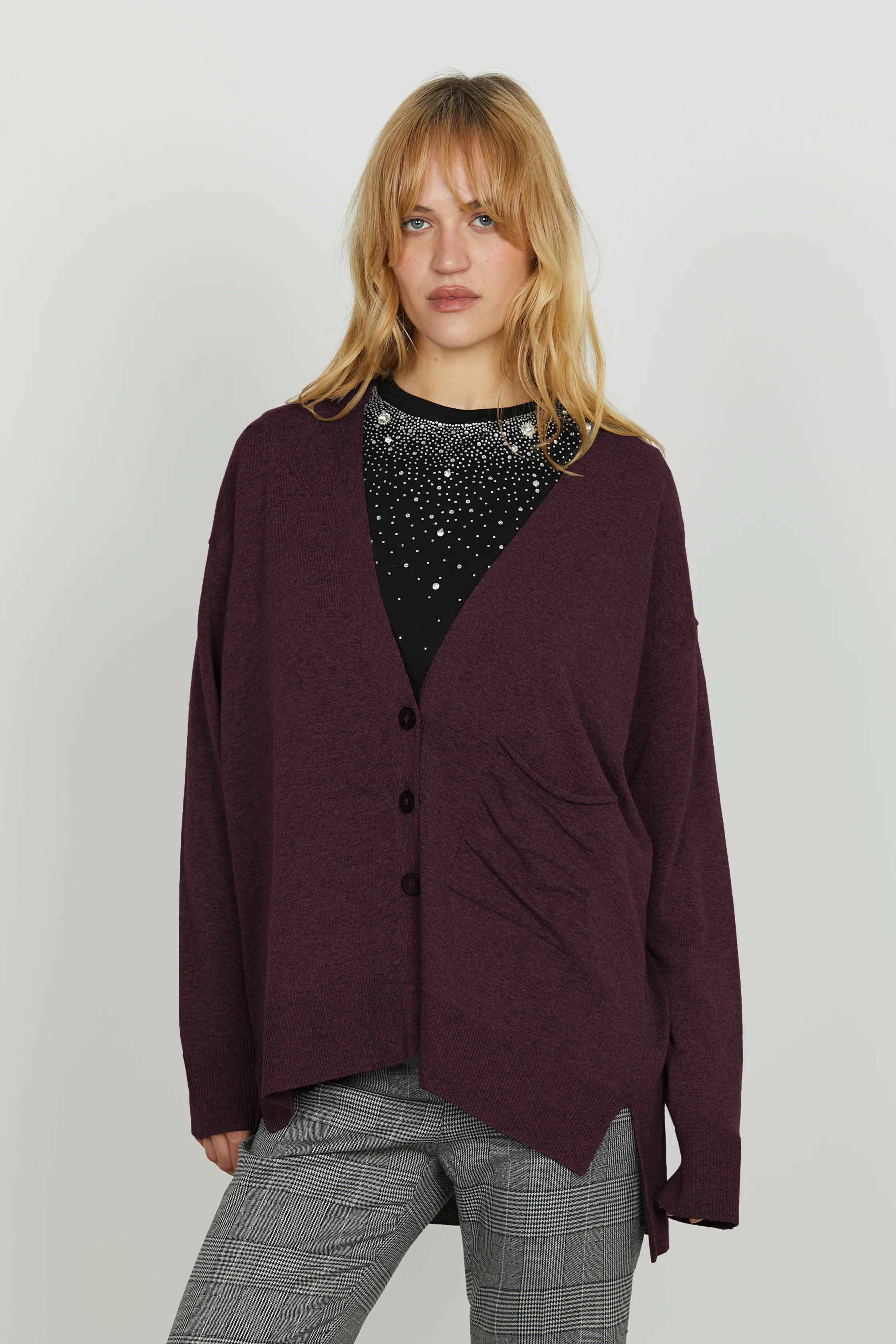 Cardigan SALAMINA manica lunga scollo v con bottoni più tasca più spacchi fondo asimmetrico - Image 6