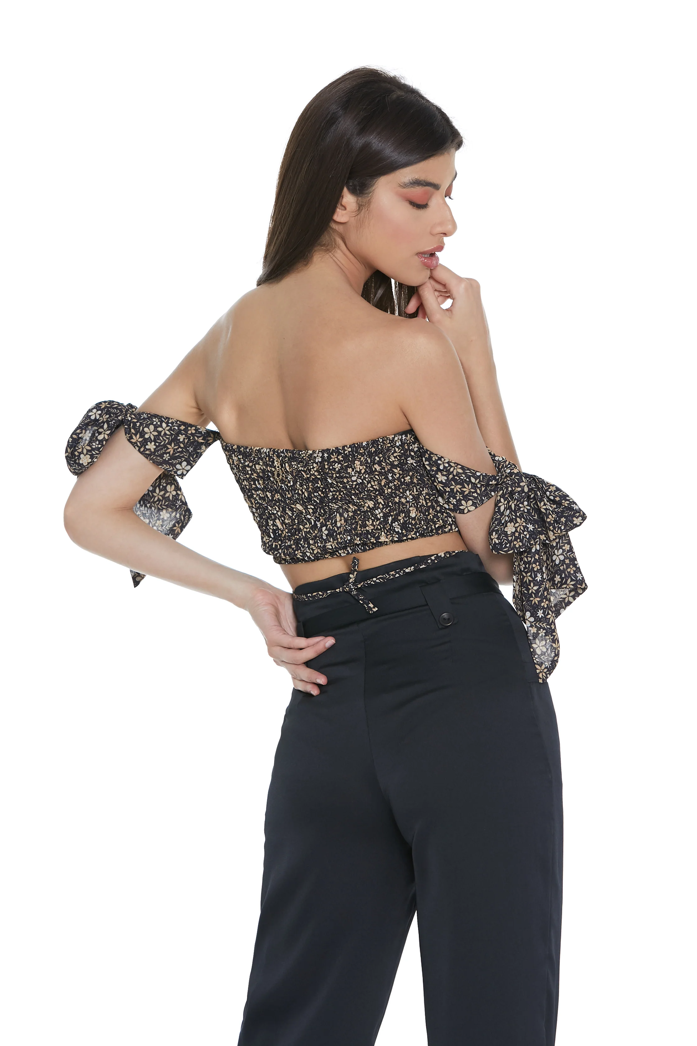 Crop-top SUZUKO mezza manica con fusciacca più punto smok fant. Fiori - Image 4