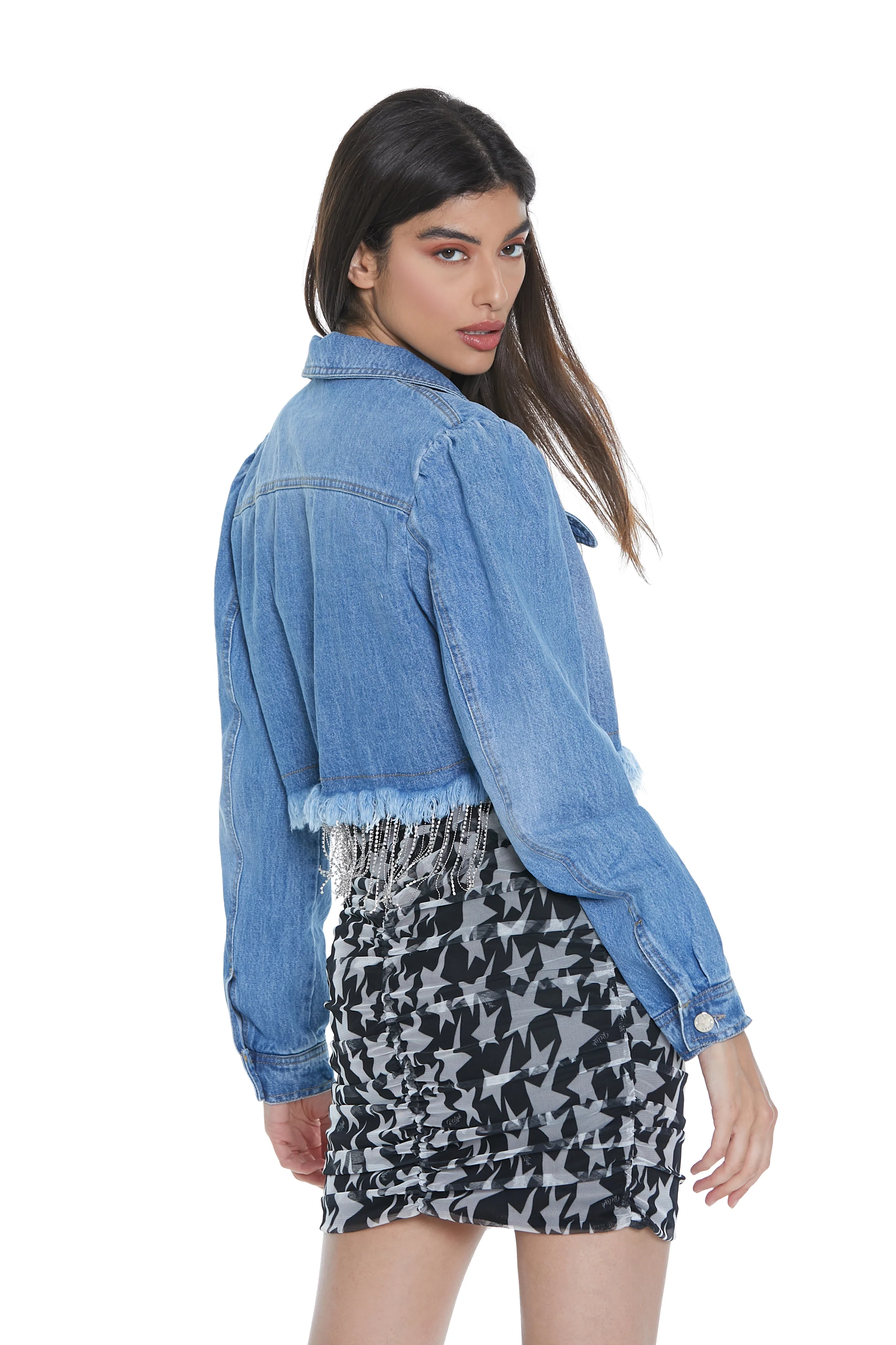 Giubbino NAOKO_STRASS corto manica lunga ampio sfrangiato più catena strass denim - Image 4