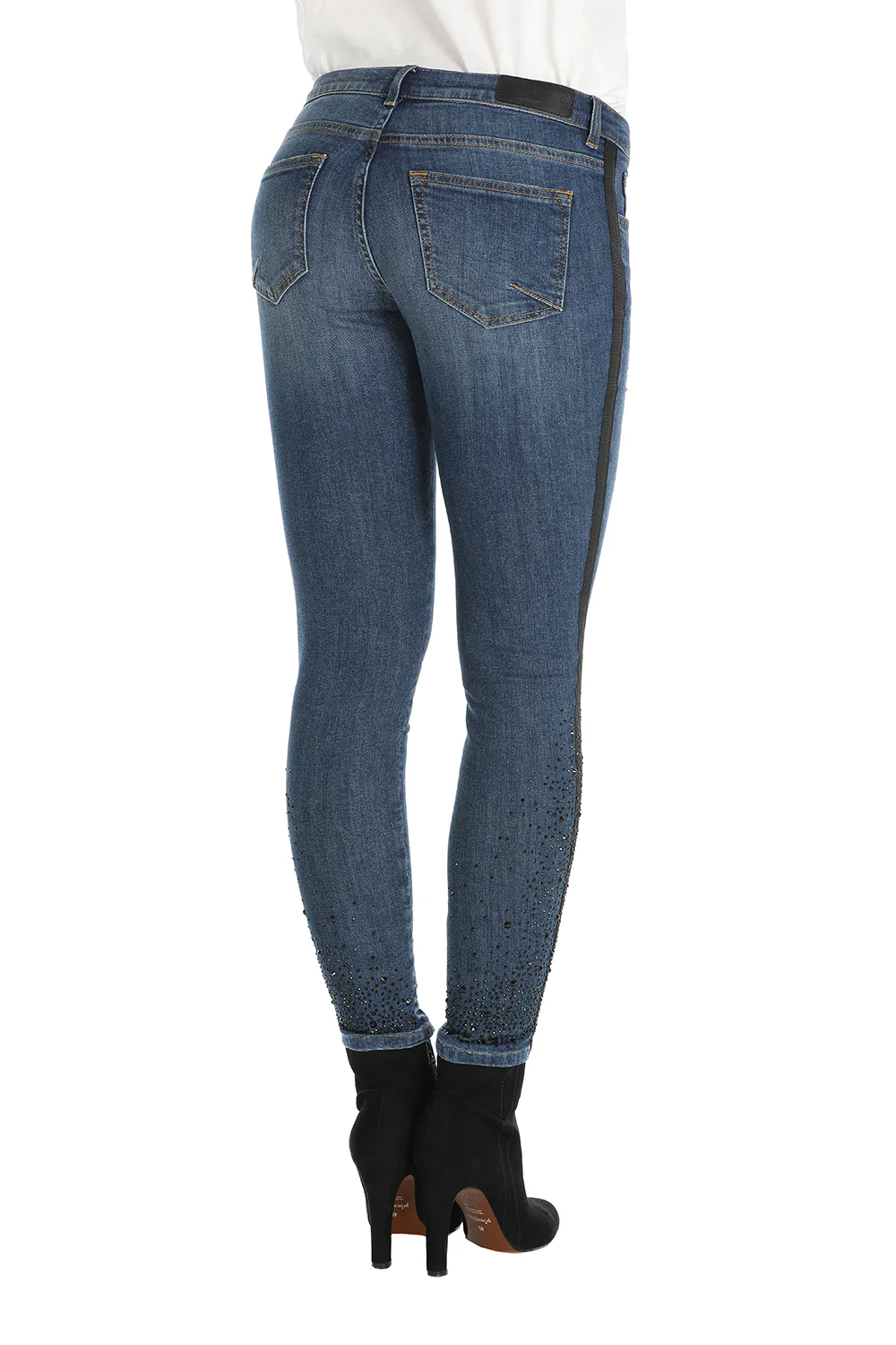Pantalone jeans 5 tasche vita alta con profili in gros grain e strass sul fondo in denim colore blue scuro SVEVA - Image 3