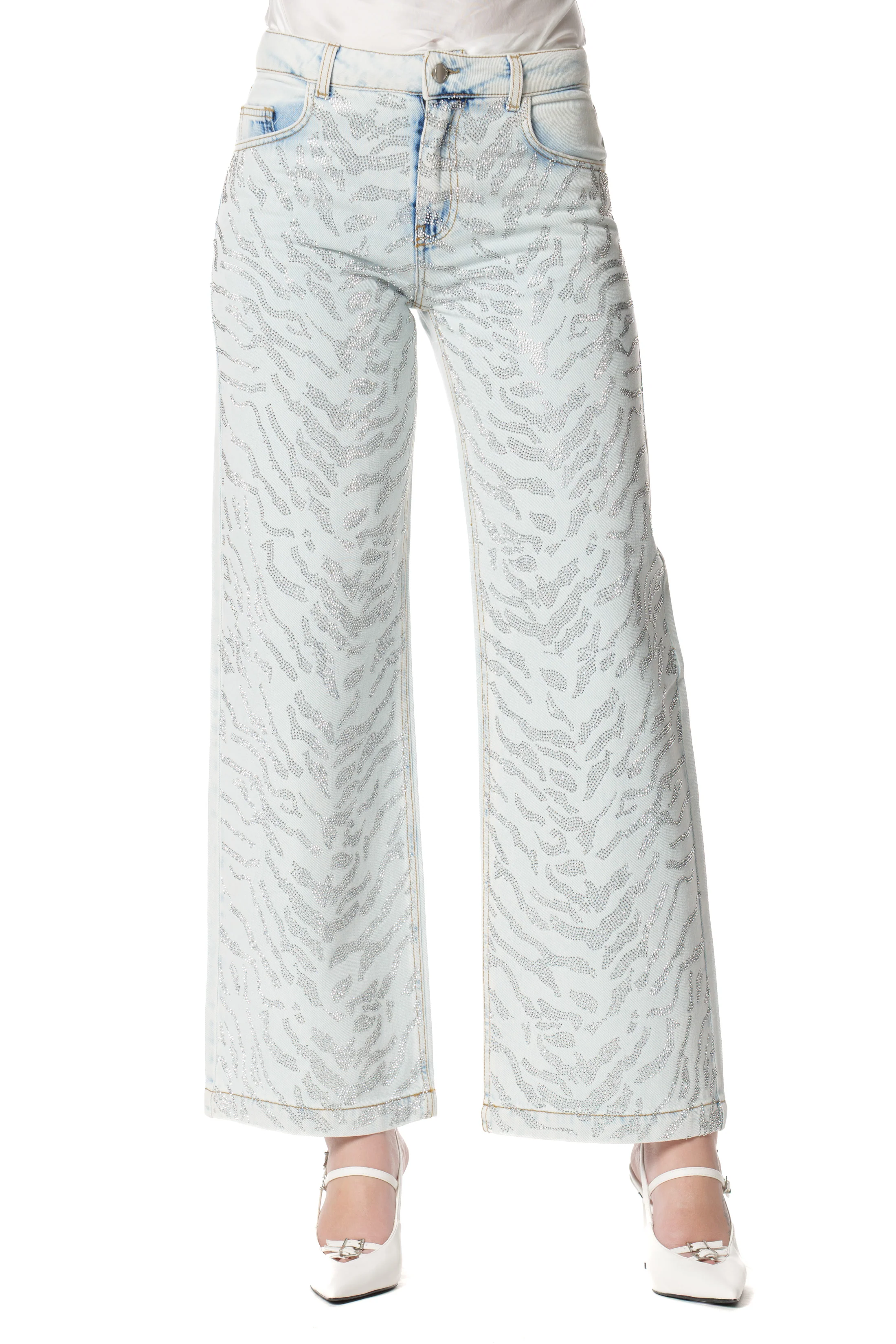 Jeans ELLELONG_24 V.Media con Strass Animalier Straight Fit L.Bleach Denim - Image 3