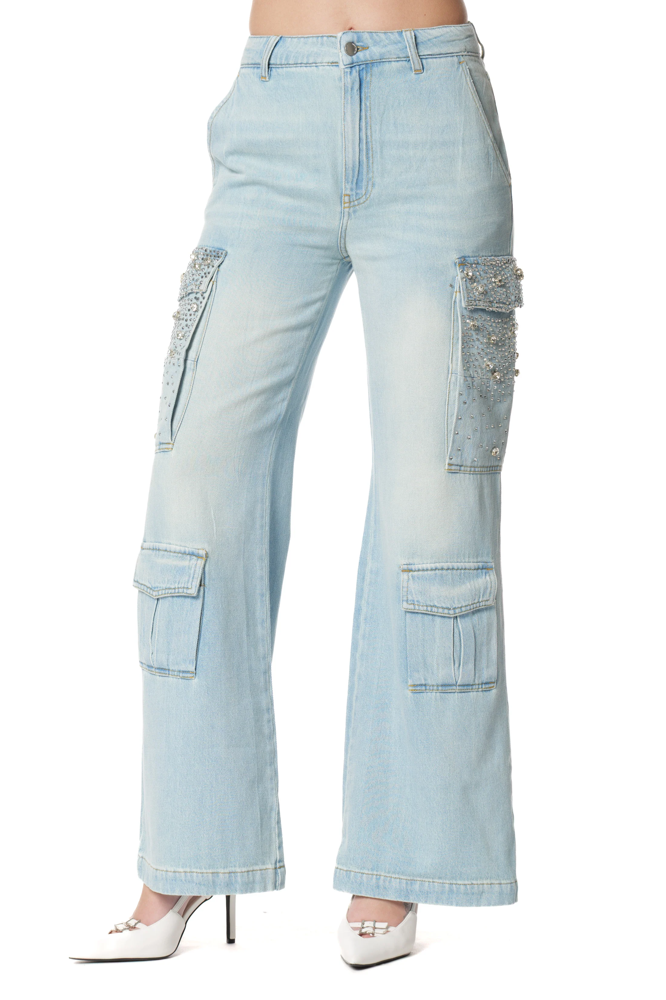 Jeans PATZY_20 V.Medio-Bassa con Tasconi più Patte con Pietre Lav.Bleach Denim - Image 3