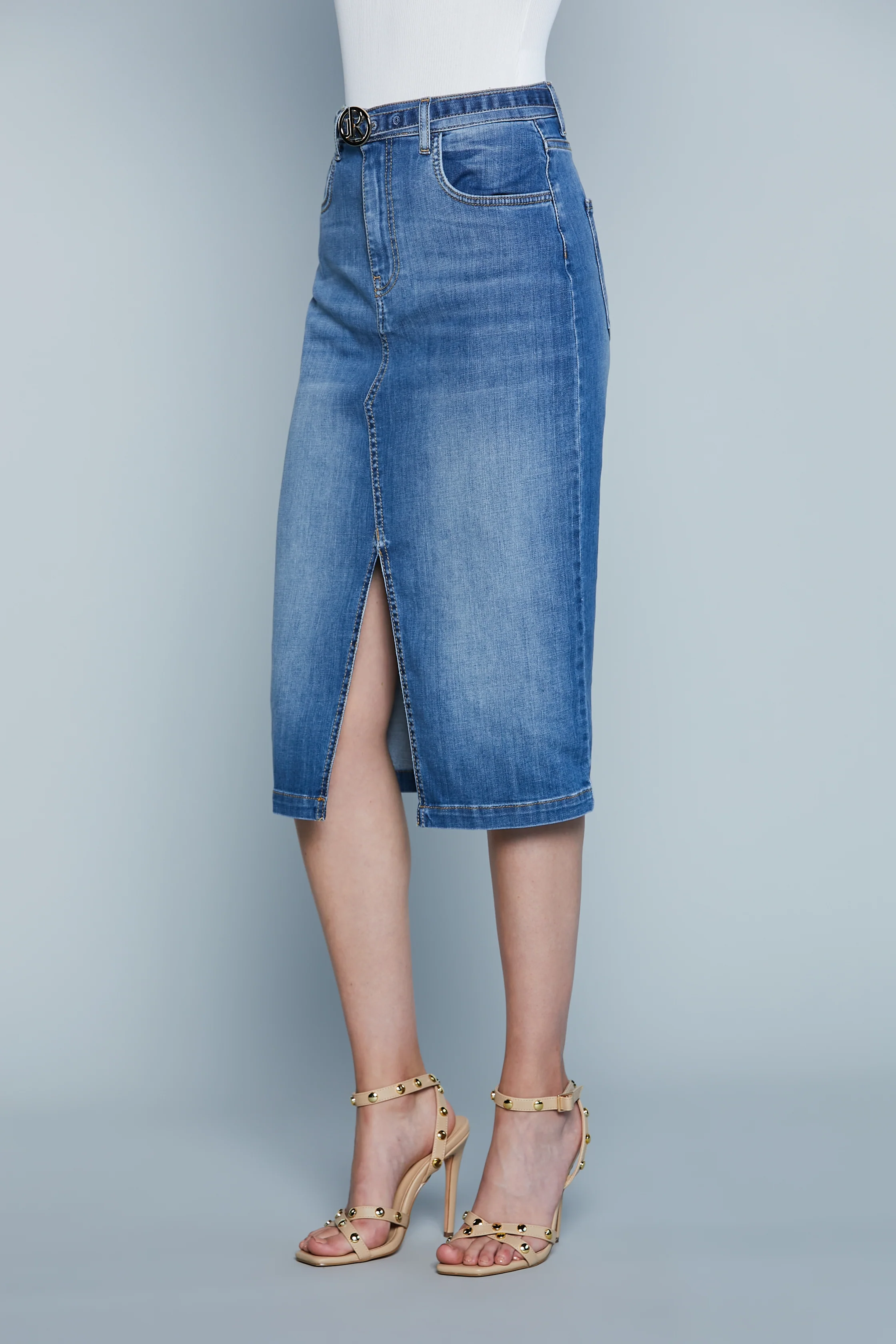 Longuette MIJAS Vita Alta con Cintura più Fibbia Logo 5Ts con Spacco Denim - Image 3
