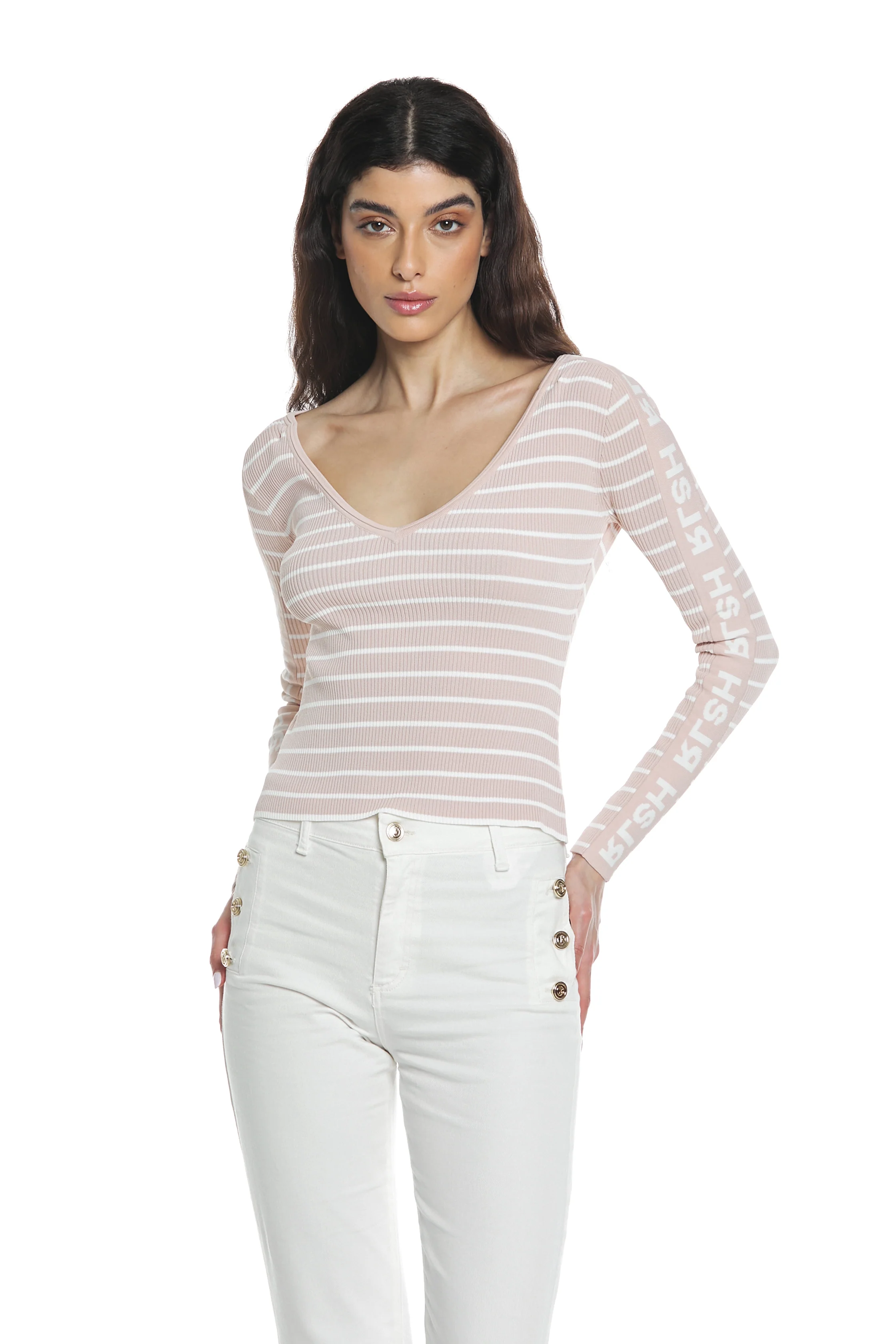 Maglia AMBRA manica lunga con logo scollo v righe costina - Image 2