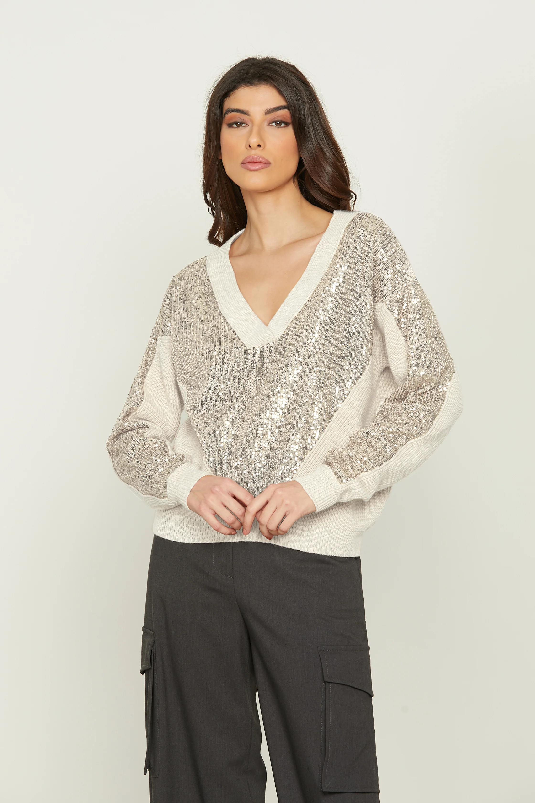 Maglia ARIZONAS manica lunga doppio scollo v con inserti paillettes - Image 6
