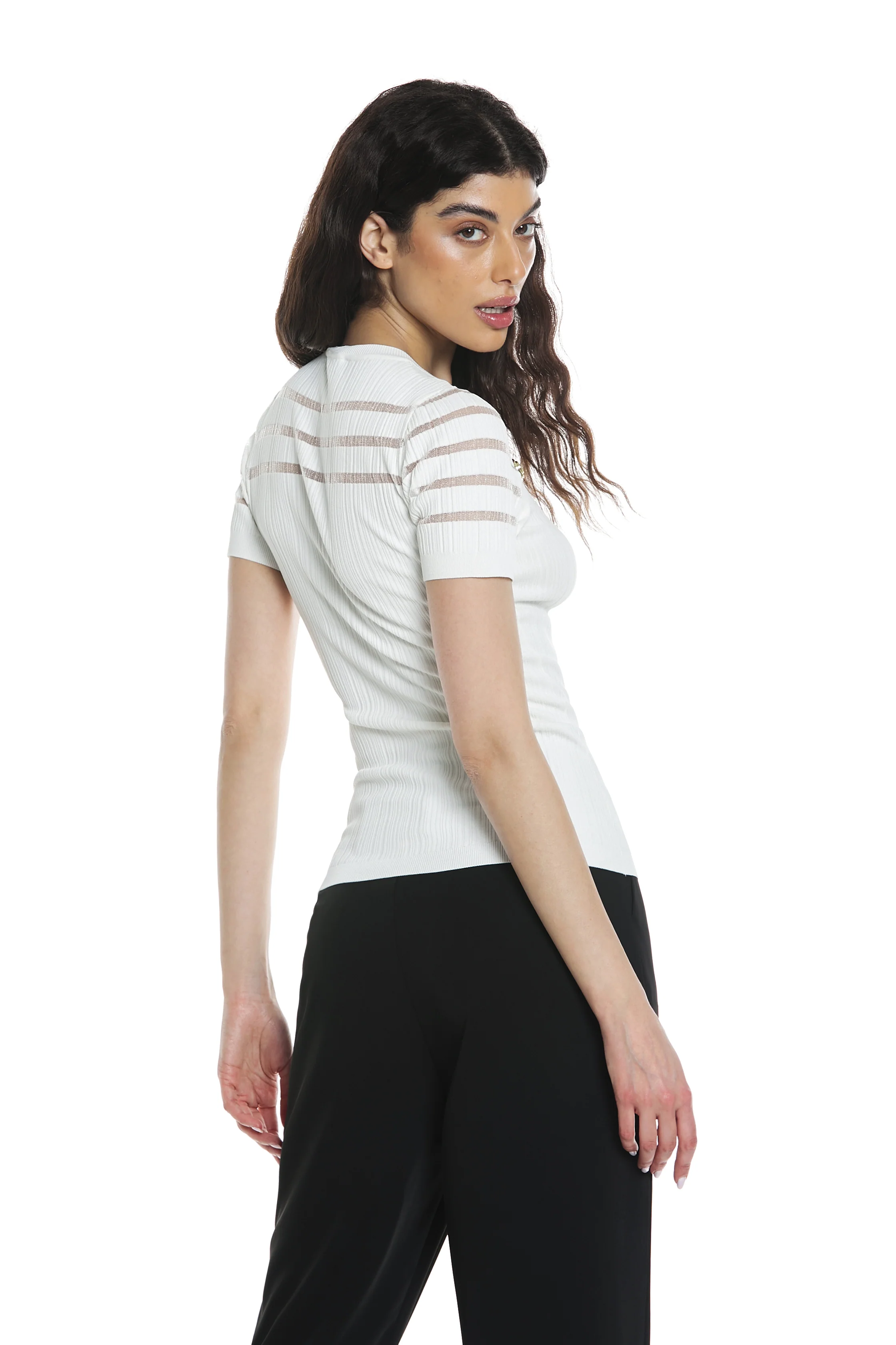 Maglia BURITE mezza manica con righe rete lurex più bottoni più taglio effetto raglan - Image 3