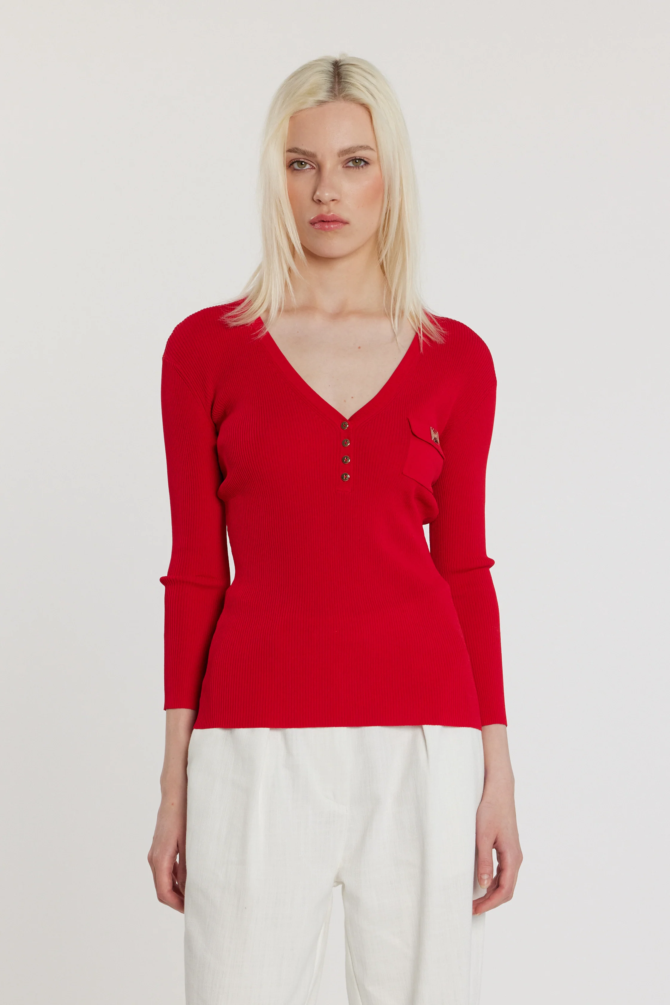 Maglia DENEUVE maniche tre quarti scollo a V con bottoncini più taschino costina