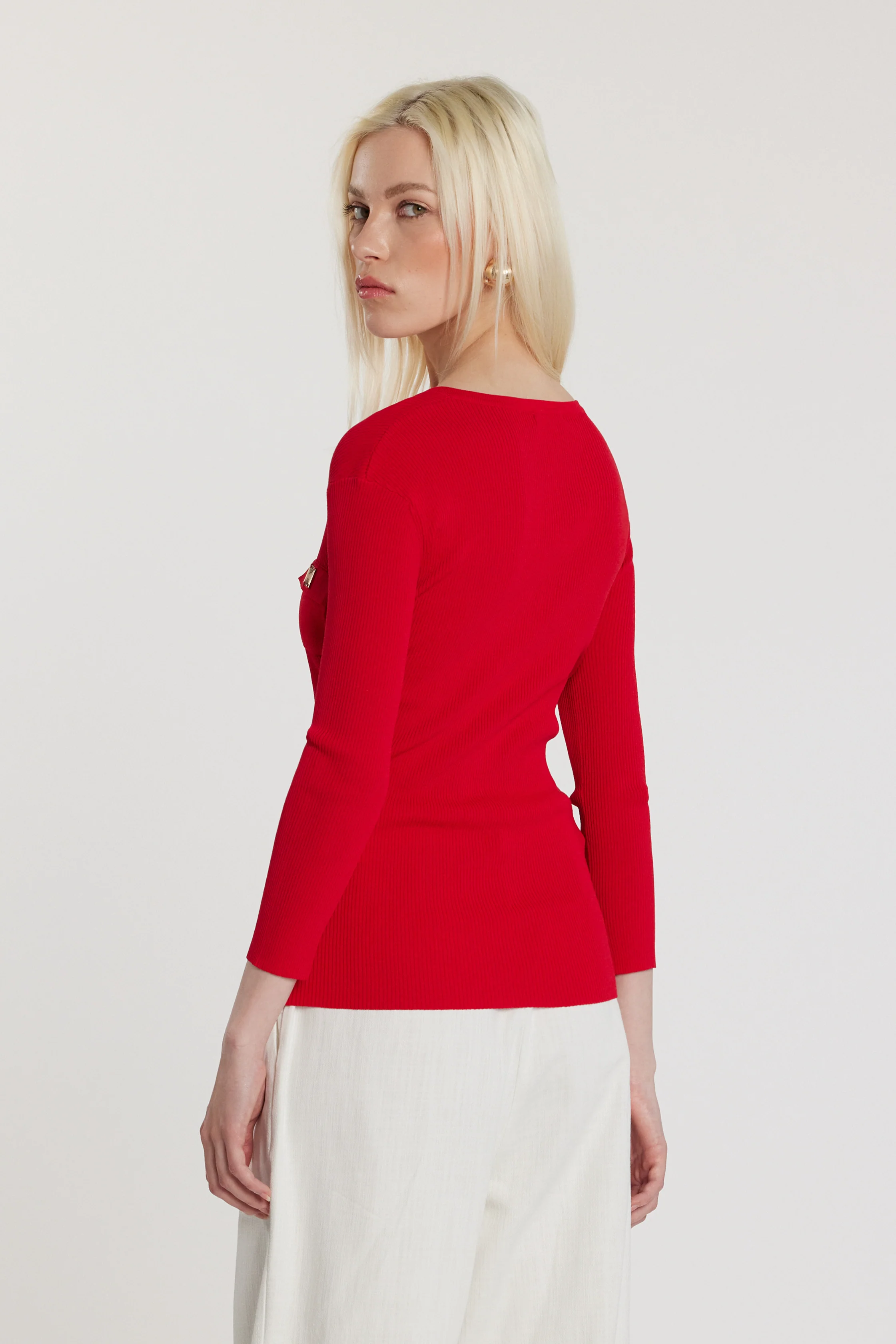 Maglia DENEUVE maniche tre quarti scollo a V con bottoncini più taschino costina - Image 3
