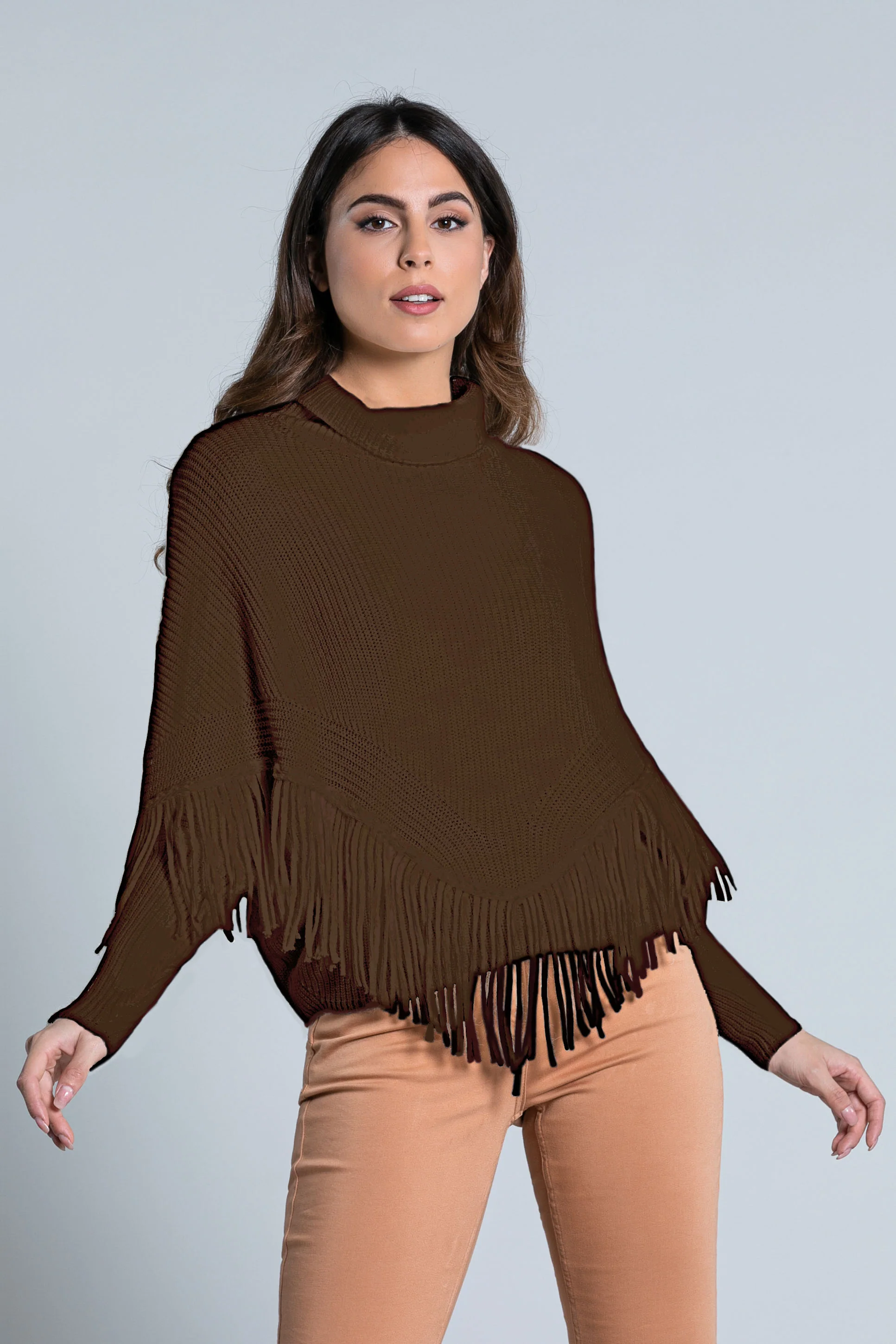 Maglia ERIF manica lunga pipistrello collo alto con frange - Image 3