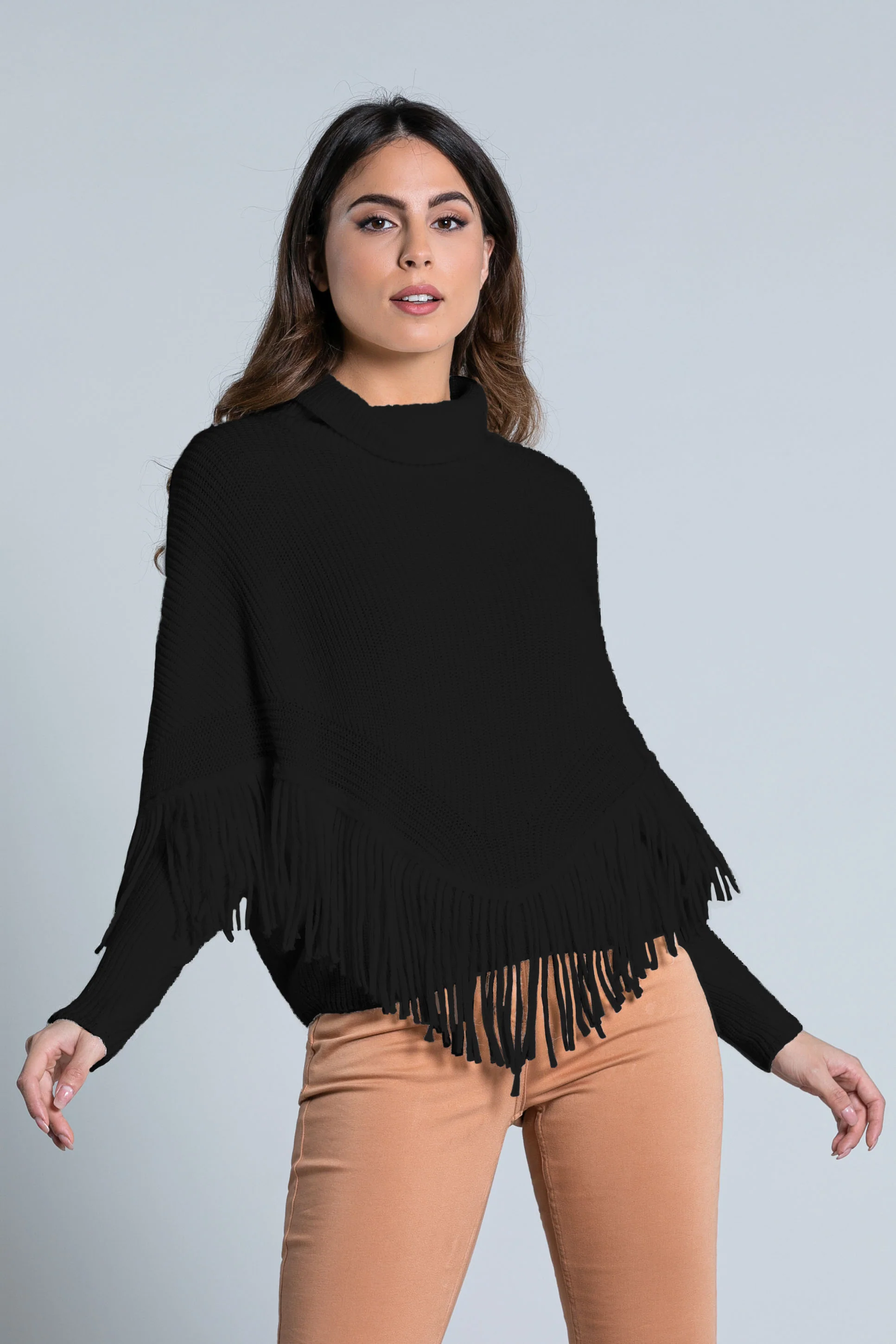 Maglia ERIF manica lunga pipistrello collo alto con frange - Image 6