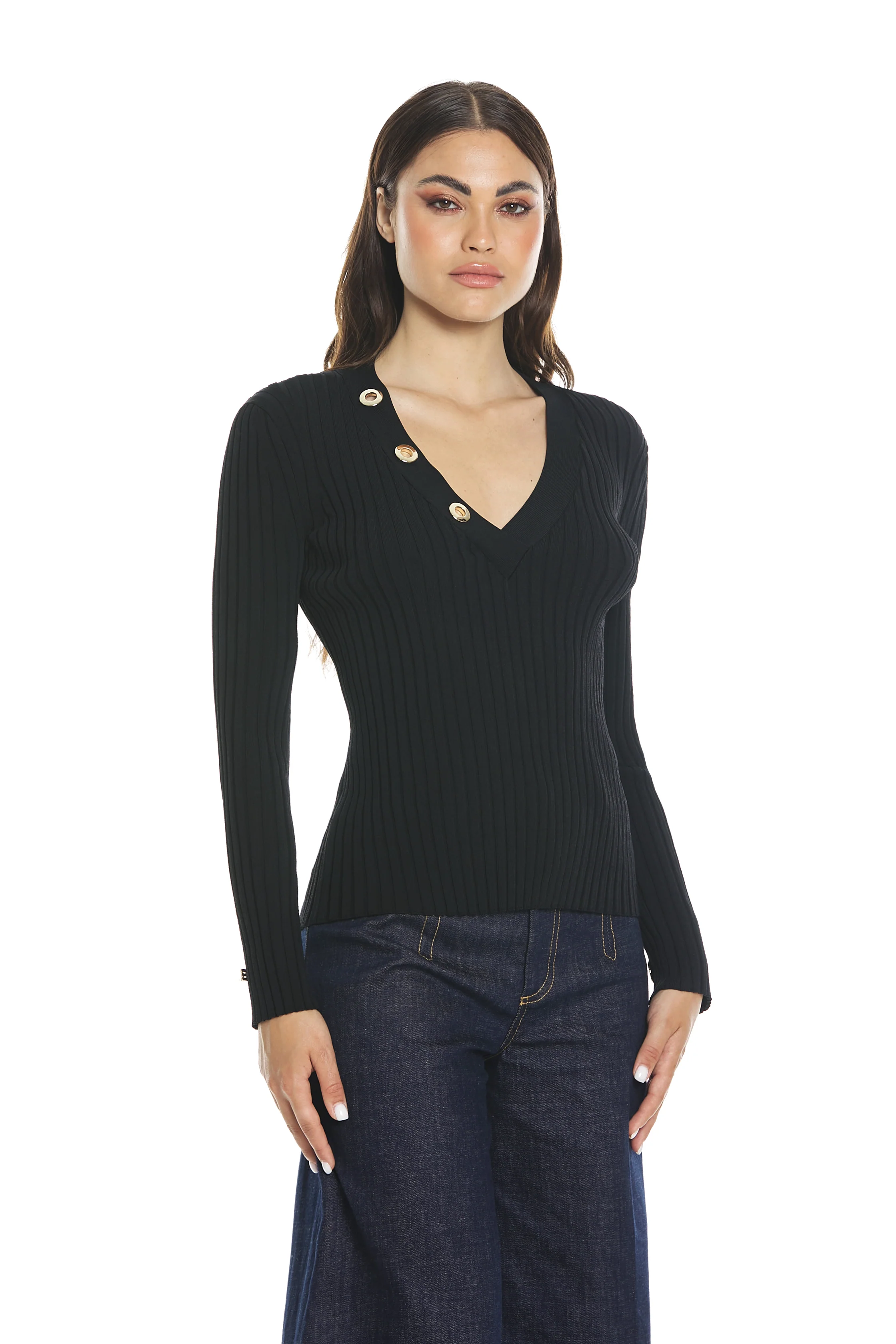 Maglia LARIMAR manica lunga con anelli più ganci scollo v costina - Image 3
