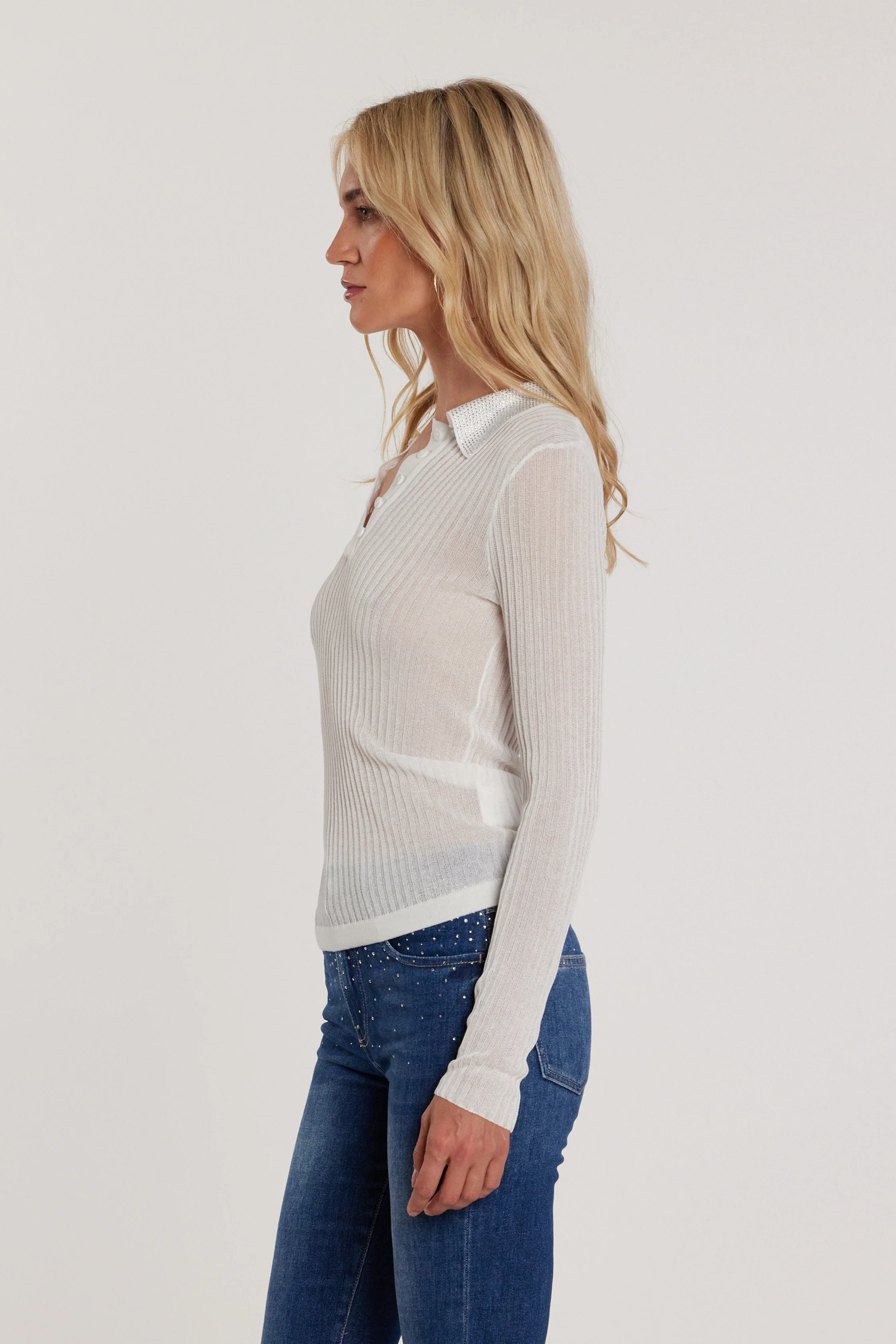 Maglia LOLA maniche lunghe polo con strass costina - Image 3