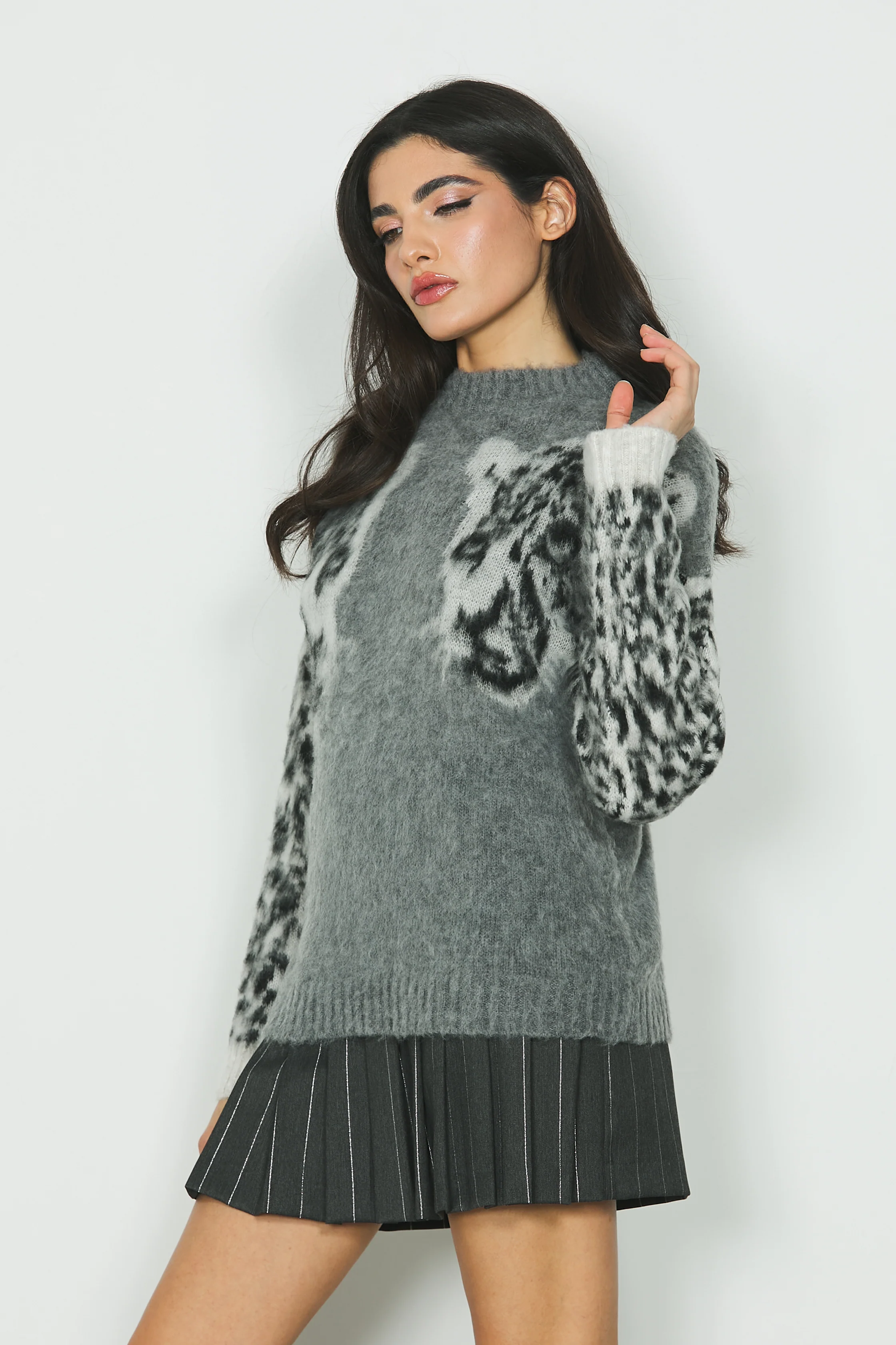 Maglia MARIA manica lunga con colletto più jacquard leopardo - Image 2