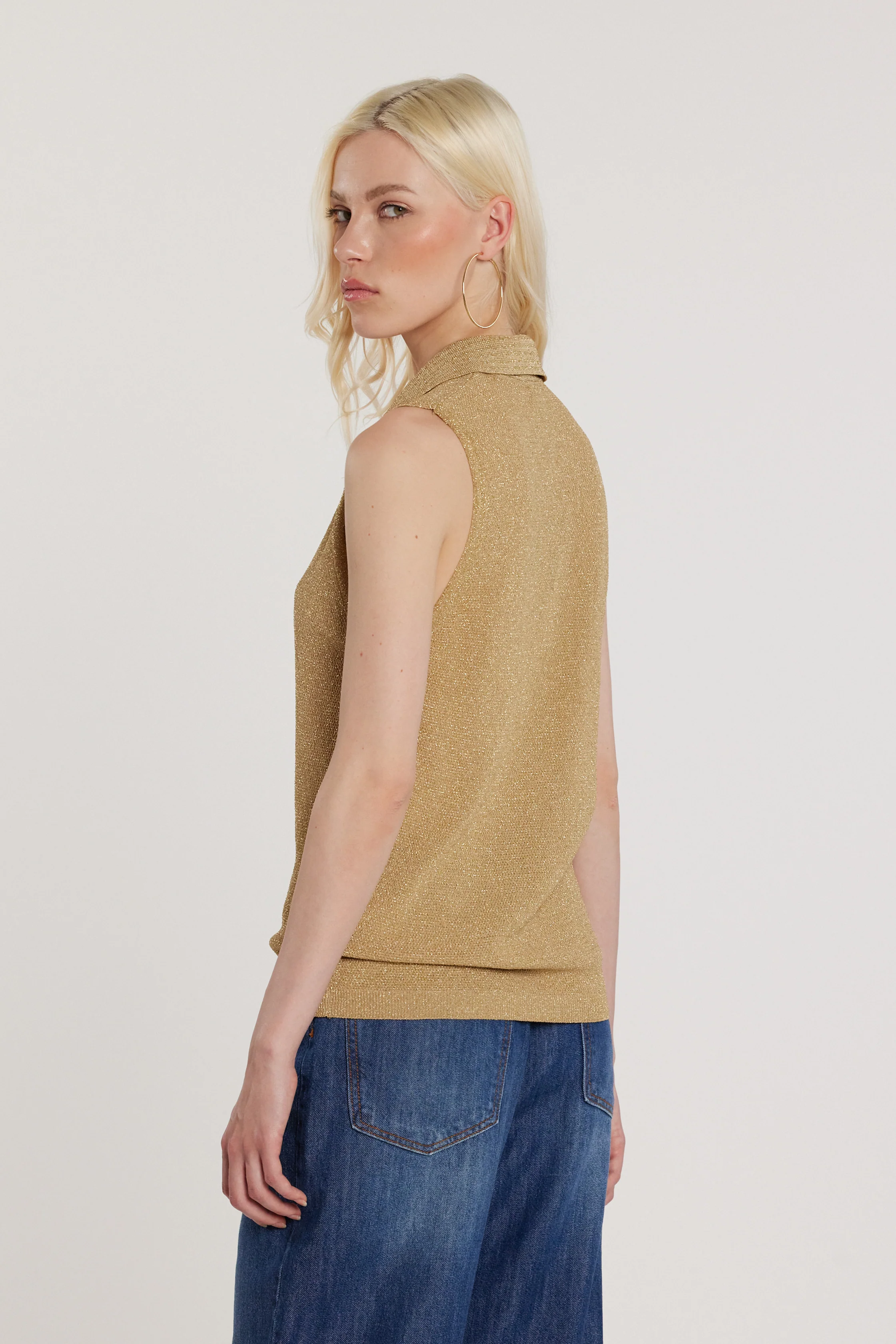 Maglia MARTIN smanicata con colletto rete effetto piquet con lurex - Image 3